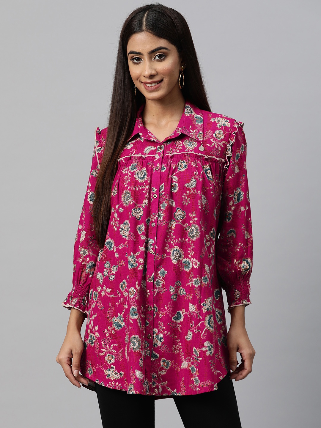 

Nayam By Lakshita Smart Floral Printed Puff Sleeves Ruffled Longline Casual Shirt, Magenta