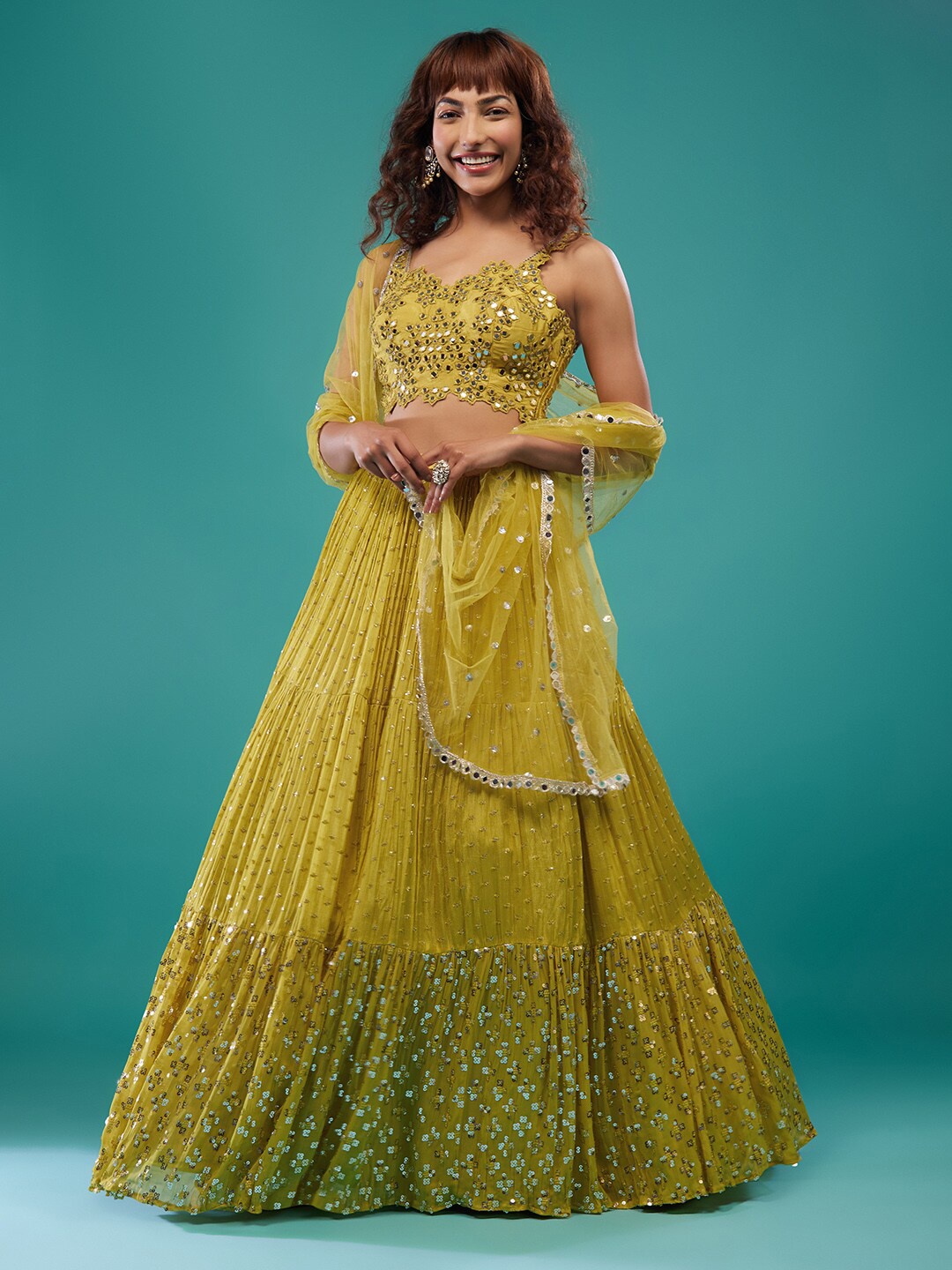 KALKI Fashion Embellished Mirror Work Ready To Wear Lehenga & Blouse With Dupatta, Green