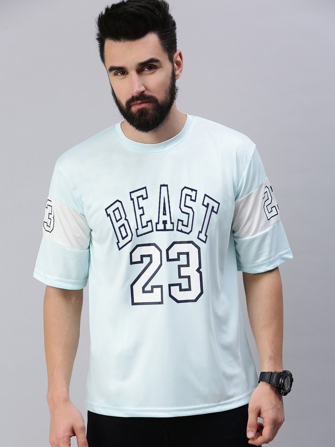 Rodzen Typography Printed Round Neck Oversized Fit T-shirt, Blue