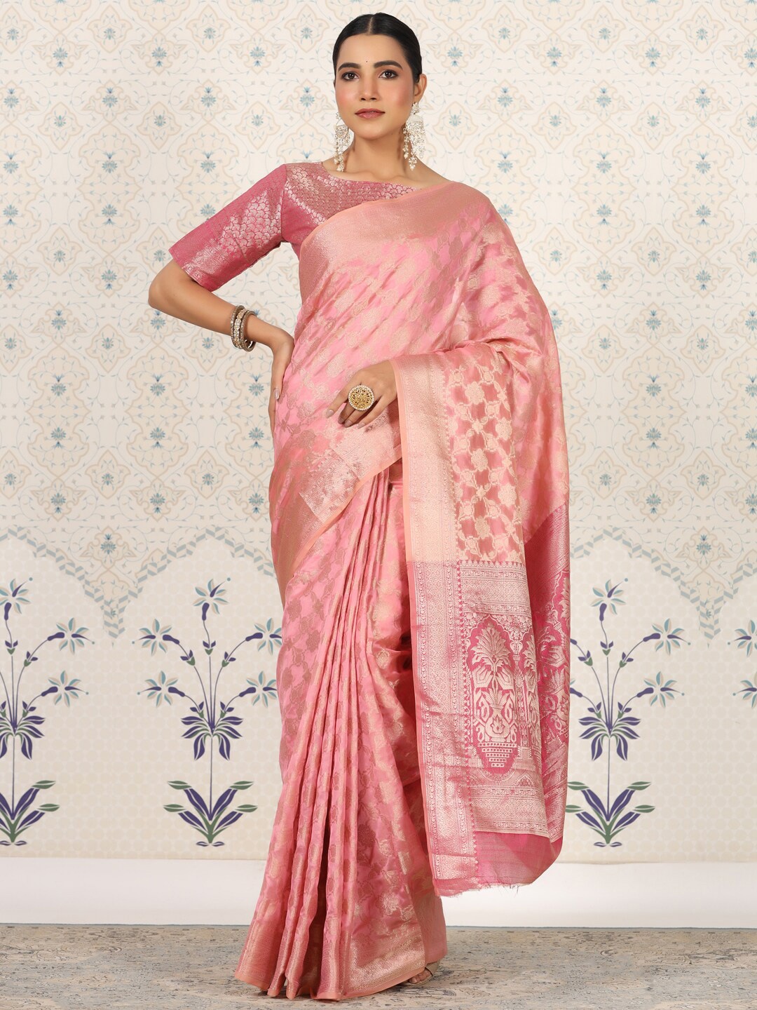 

Ode by House of Pataudi Pink & Gold-Toned Floral Woven Design Zari Organza Saree