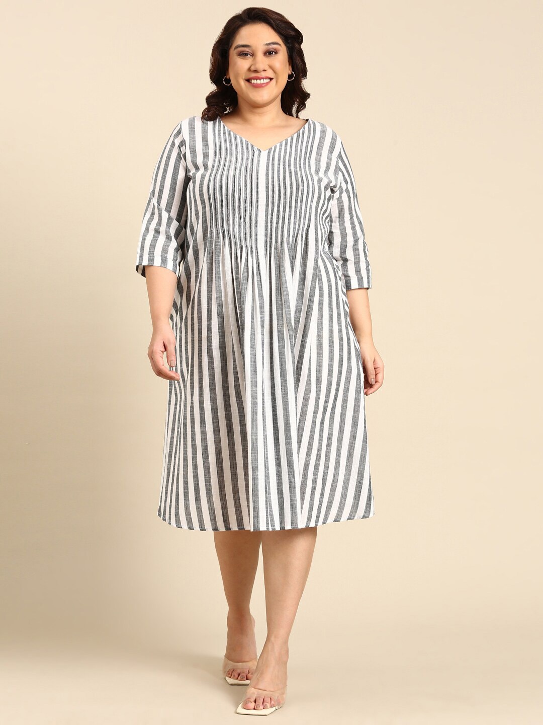 

The Pink Moon Striped V-Neck Cotton A-Line Midi Dress, White