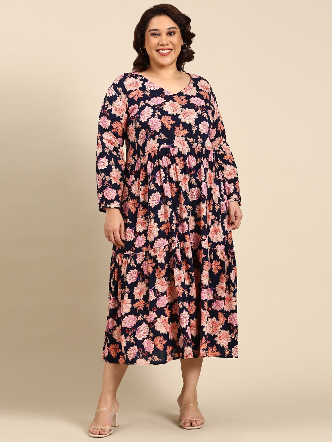 

The Pink Moon Floral Printed V-Neck Plus Size A-Line Midi Dress, Navy blue