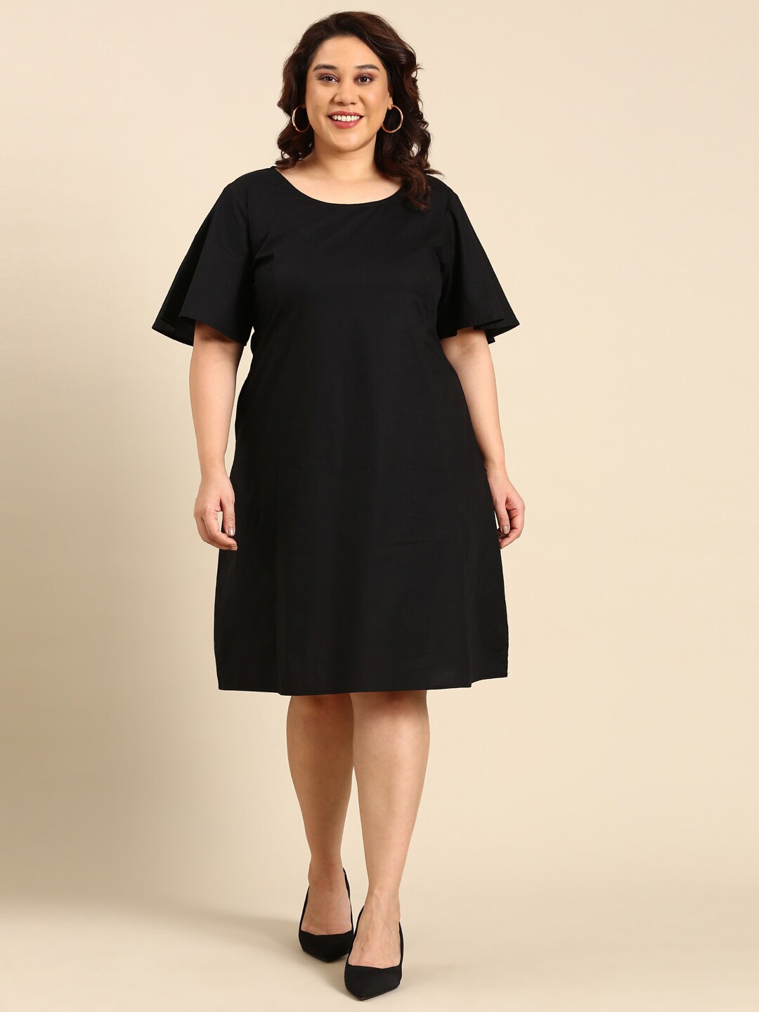 

The Pink Moon Plus Size Flared Sleeves Cotton A-Line Dress, Black