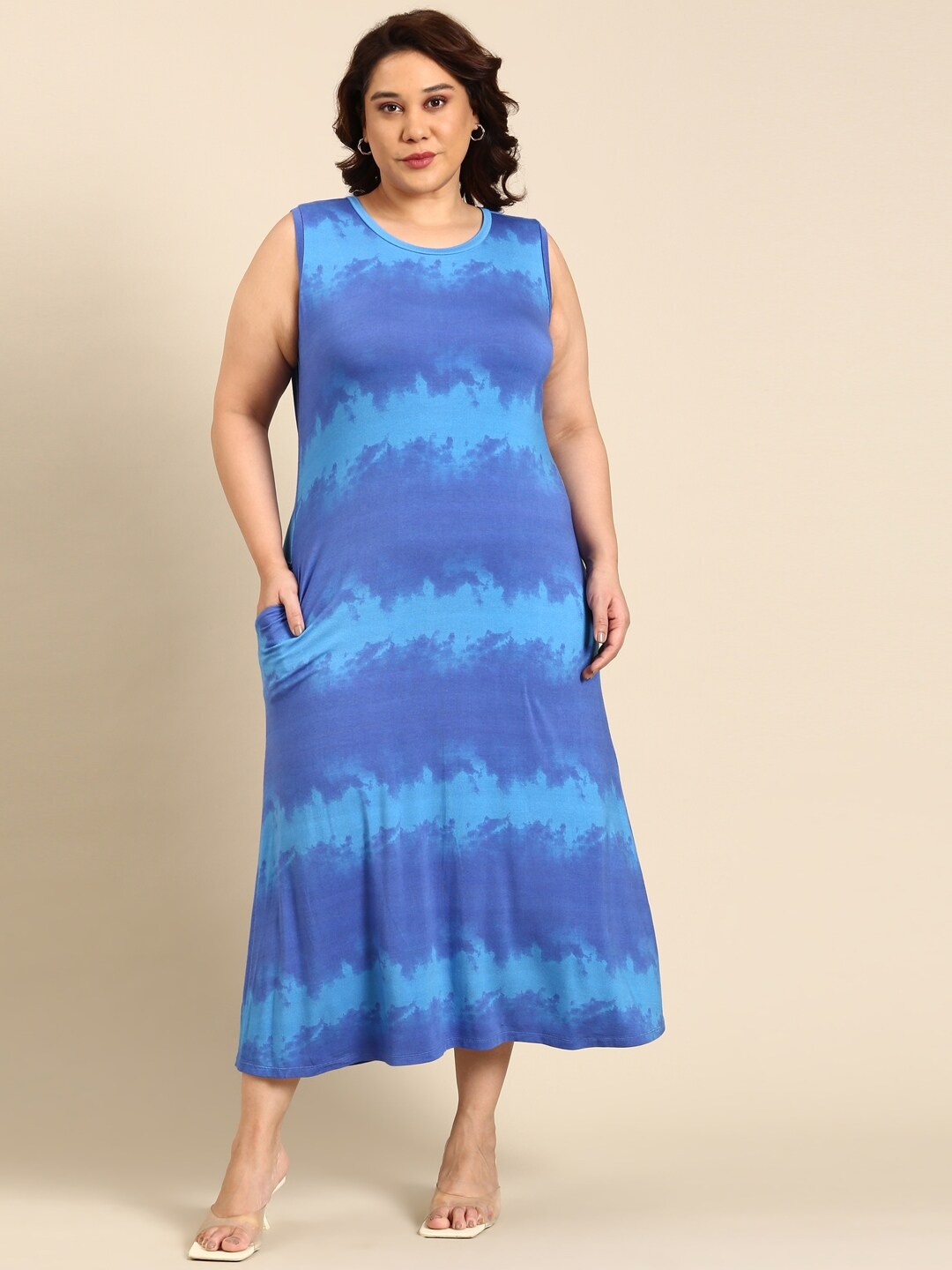 

The Pink Moon Plus Size Tie and Dye A-Line Midi Dress, Blue
