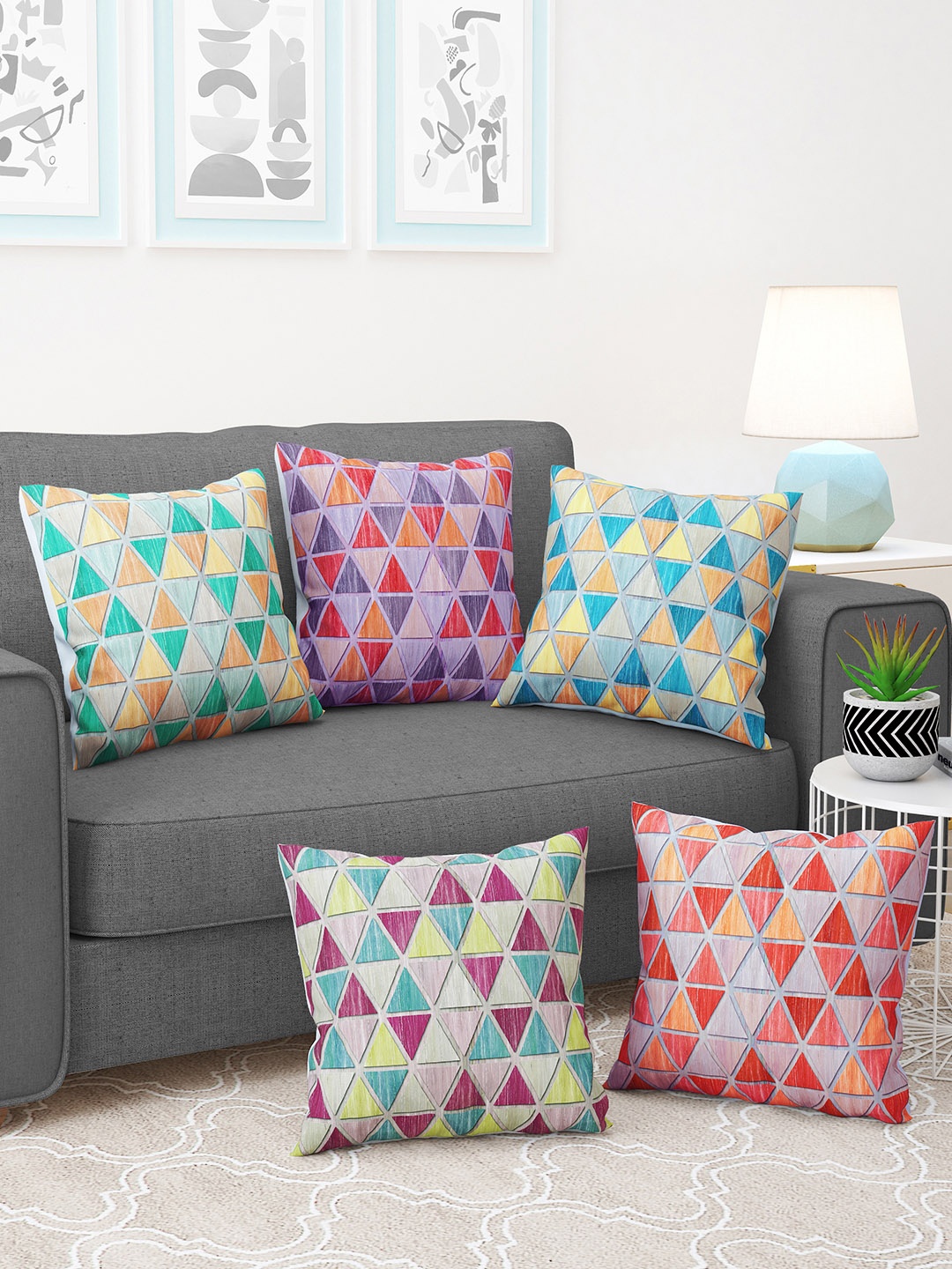

Story@home Orange & Blue 5 Pieces Geometric Square Cushion Covers