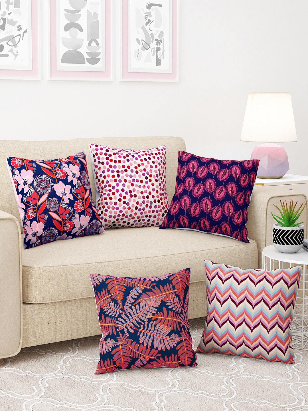 Story@home Purple & White 5 Pieces Floral Square Cushion Covers