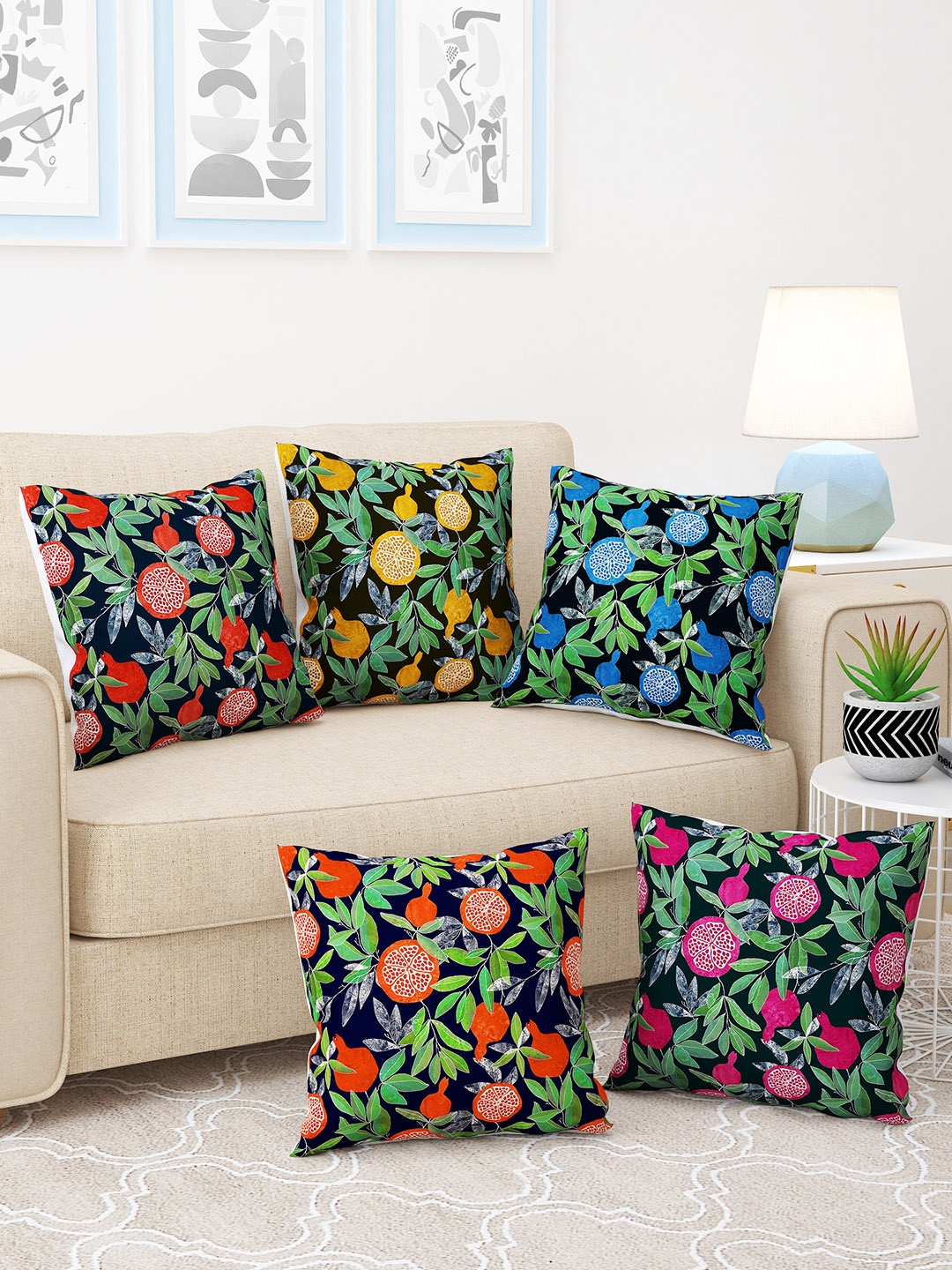 

Story@home Green & Red 5 Pieces Floral Square Cushion Covers