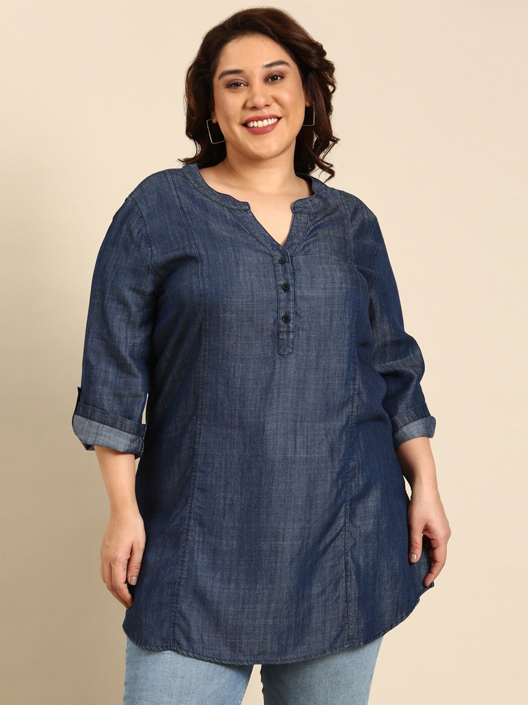 

The Pink Moon Mandarin Collar Cotton Tunic, Navy blue