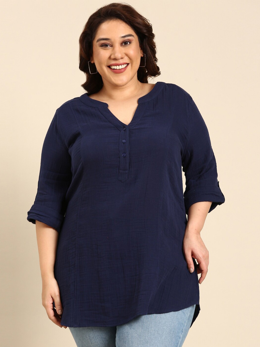 

The Pink Moon Mandarin Collar Cotton Tunic, Navy blue