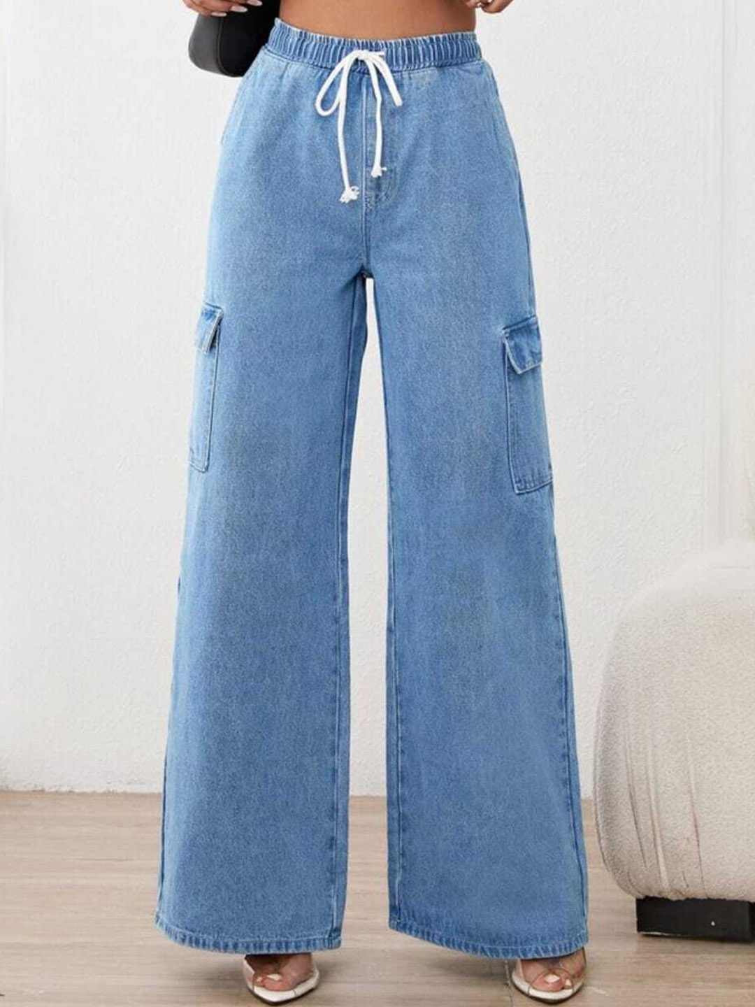 

BROADSTAR Women Smart Wide Leg High-Rise Stretchable Cargo Jeans, Blue