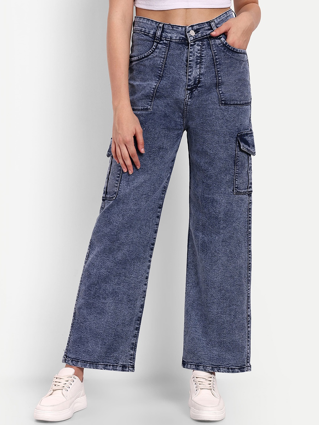 

BROADSTAR Women Smart Straight Leg High-Rise Clean Look Light Fade Stretchable Cargo Jeans, Blue