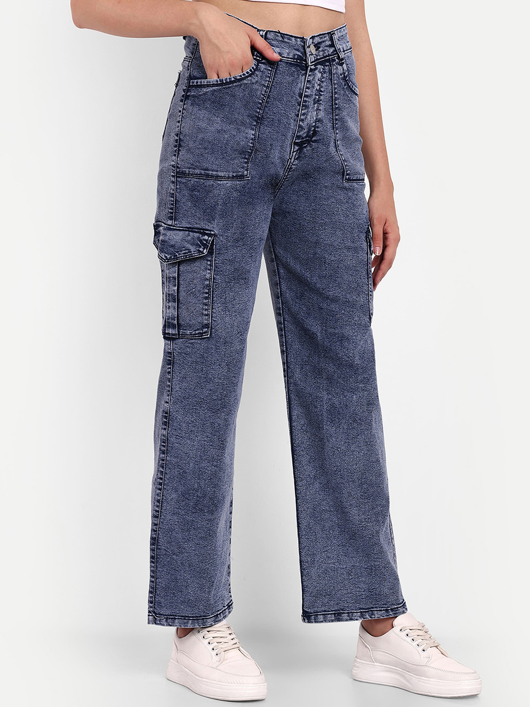 

BROADSTAR Women Smart Wide Leg High-Rise Heavy Fade Stretchable Cargo Jeans, Blue