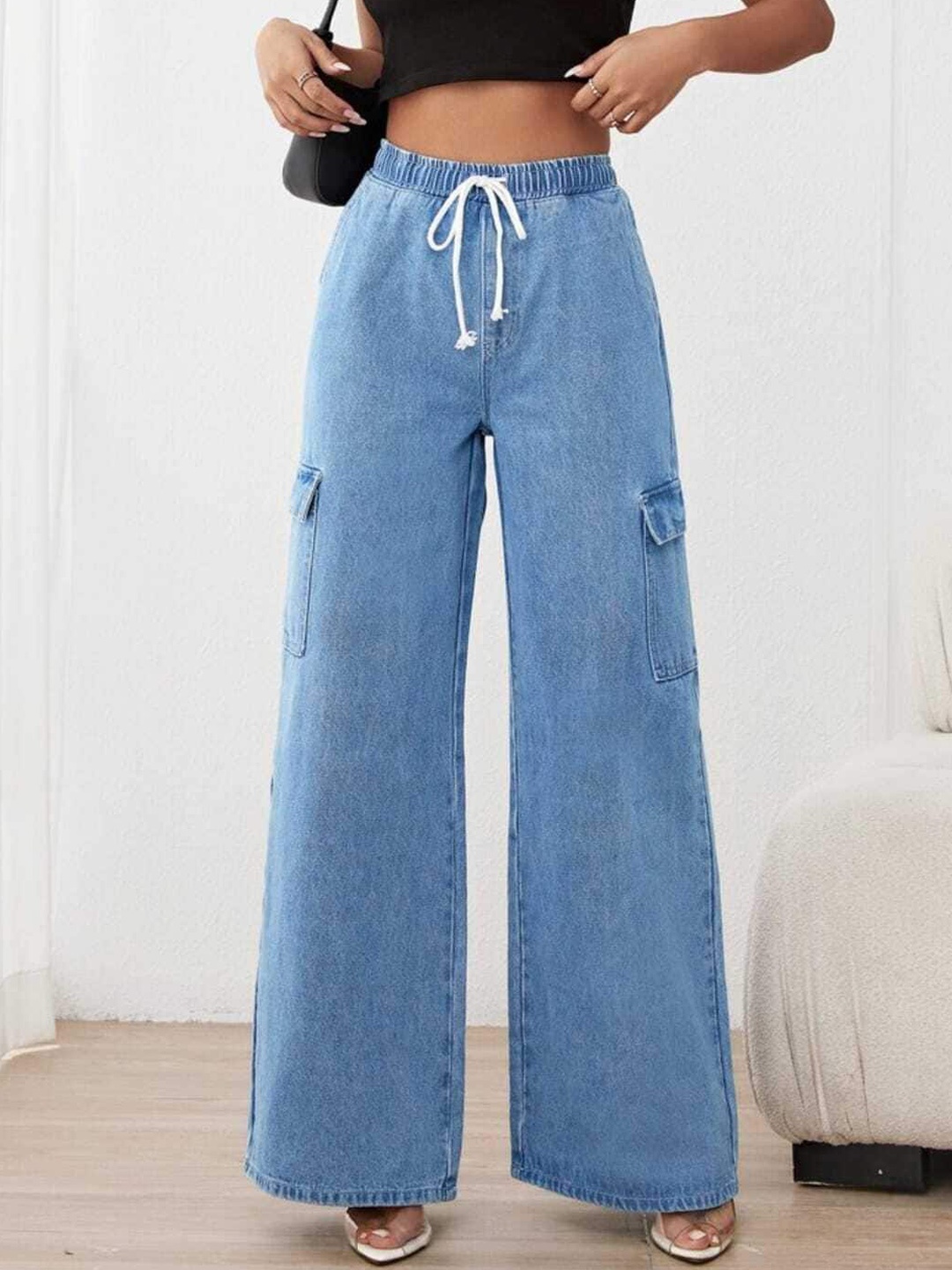 

BROADSTAR Women Smart Wide Leg High-Rise Stretchable Cargo Jeans, Blue