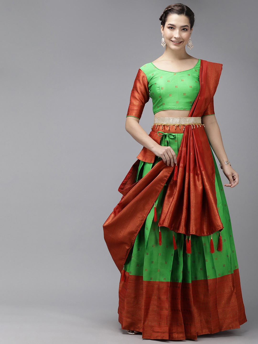 

DIVASTRI Woven Design Semi-Stitched Lehenga & Unstitched Blouse With Dupatta, Lime green