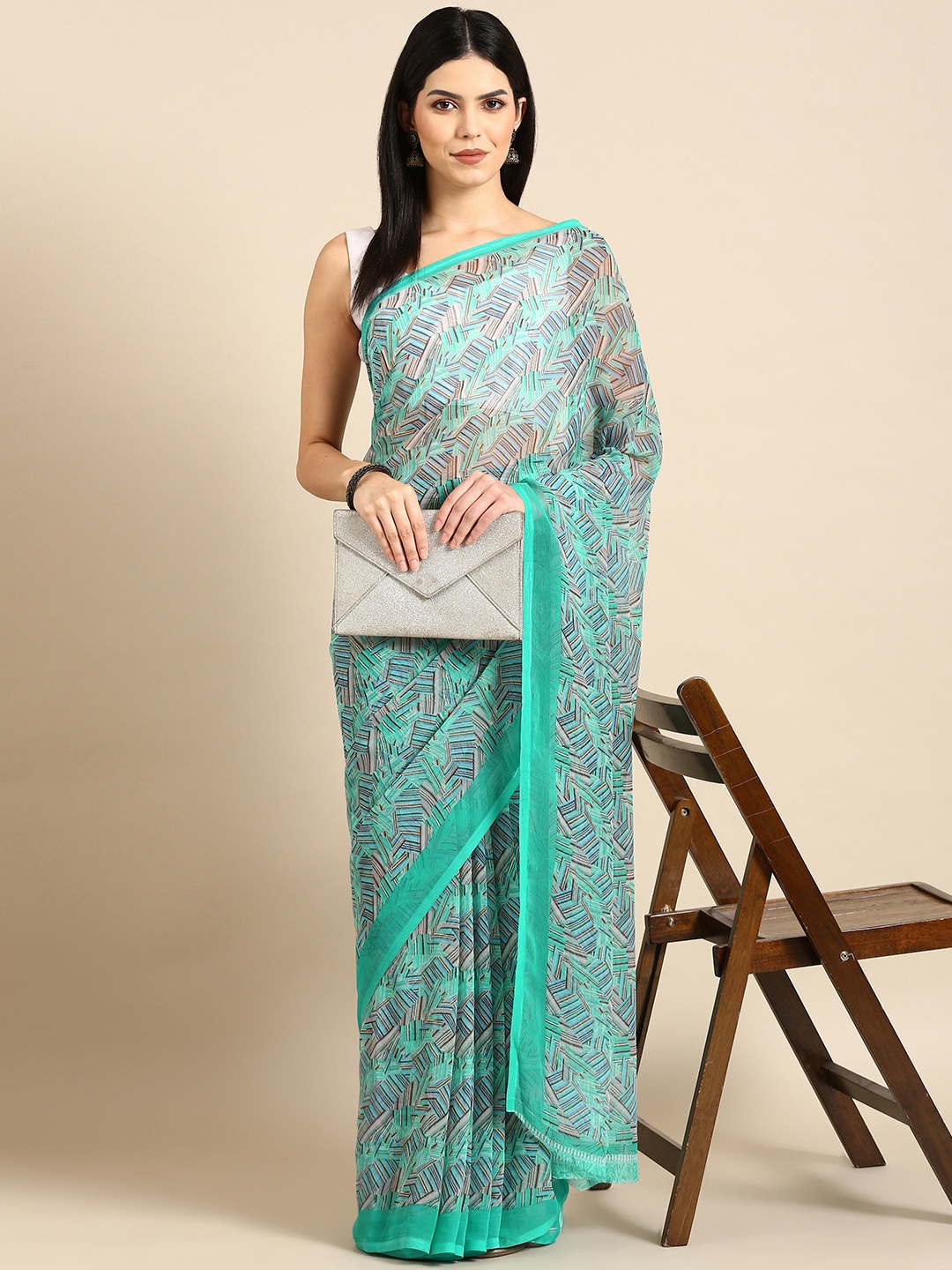 

HERE&NOW Printed Pure Chiffon Saree, Sea green