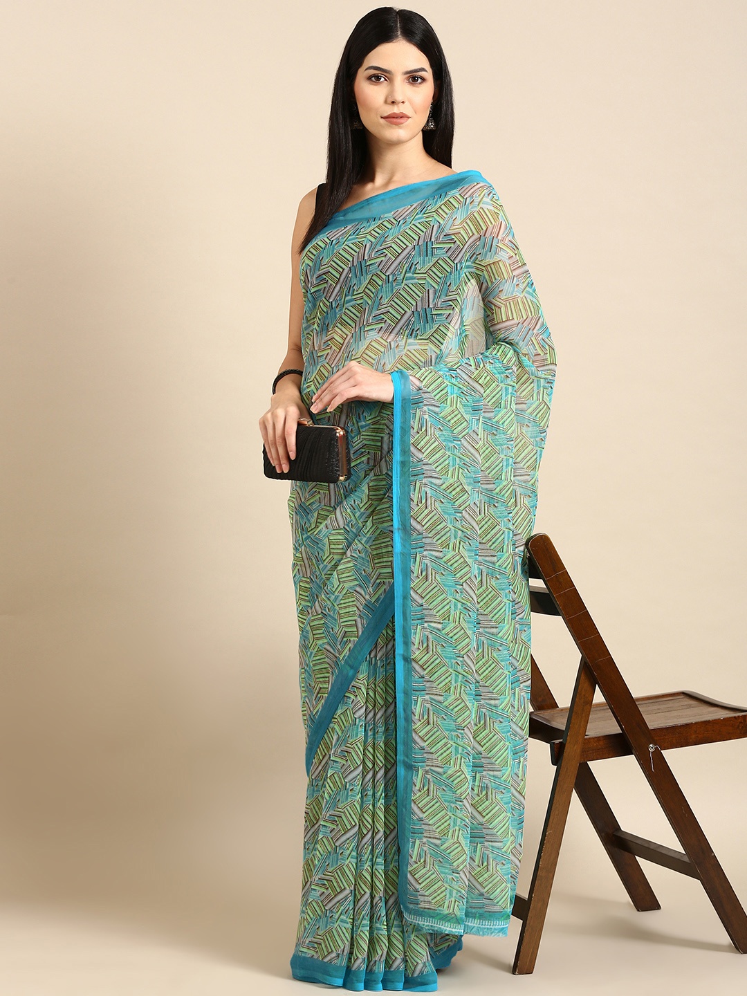 

HERE&NOW Printed Pure Chiffon Saree, Blue