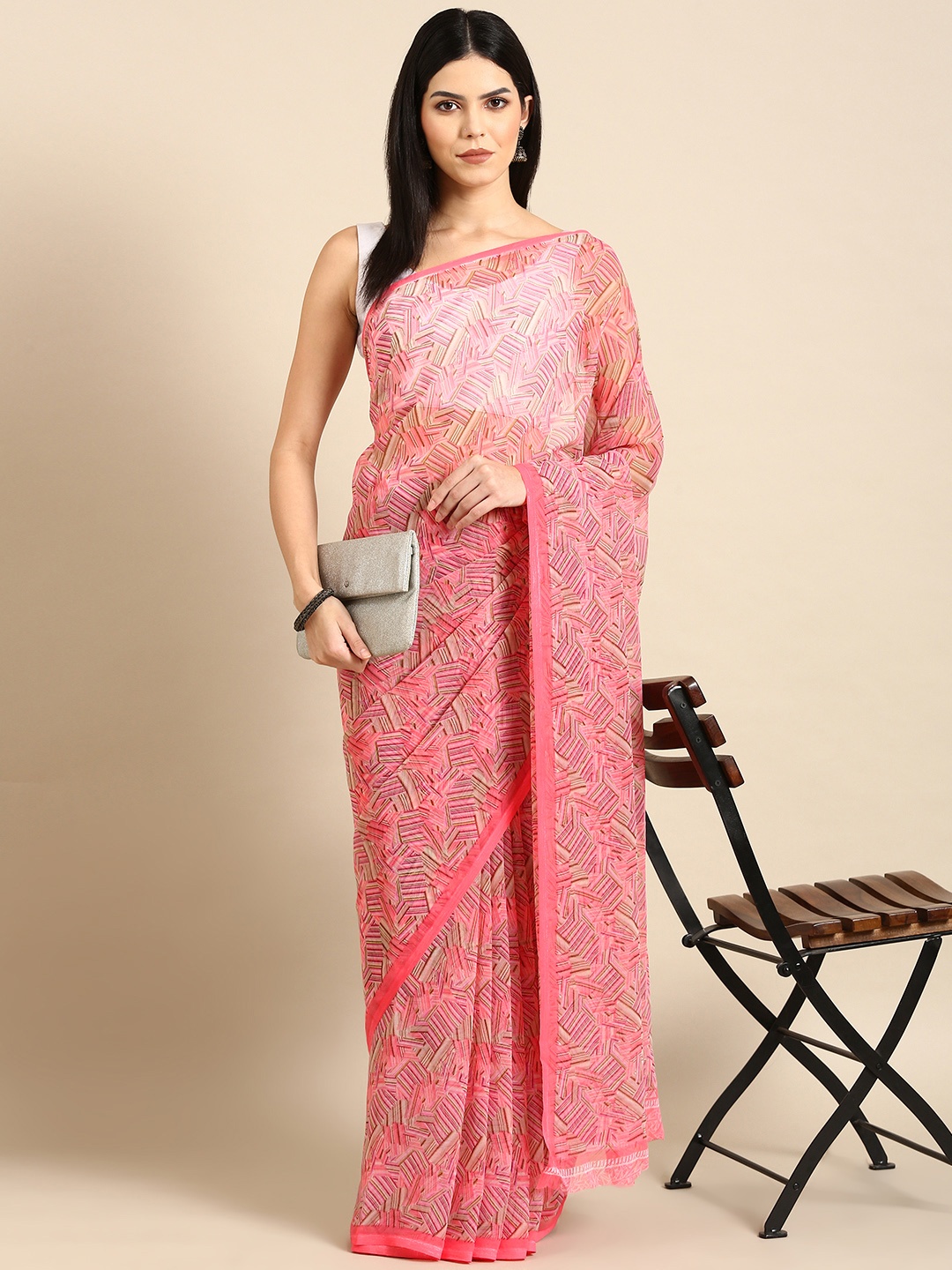 

HERE&NOW Printed Pure Chiffon Saree, Pink