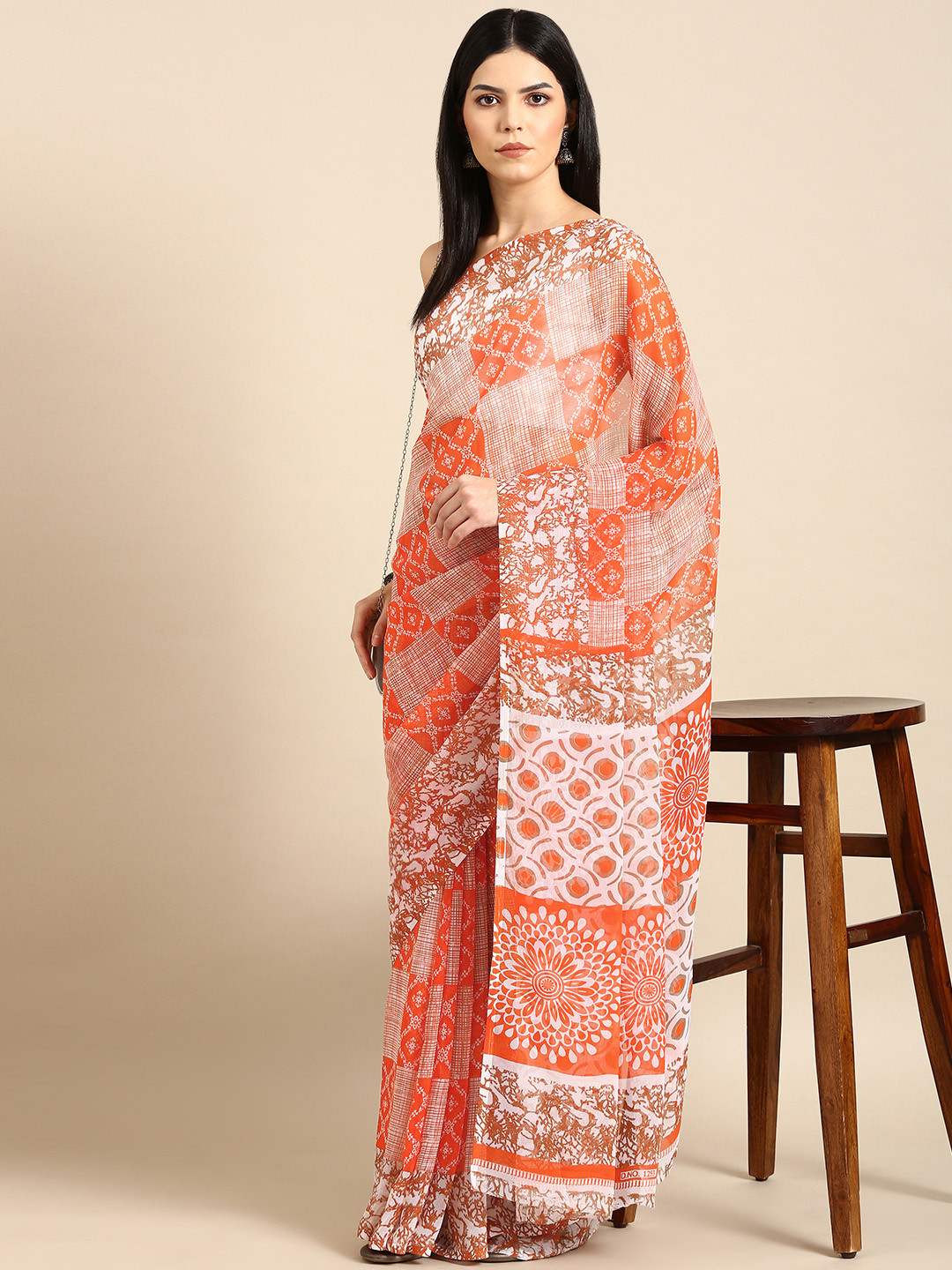 

HERE&NOW Ethnic Motifs Printed Pure Chiffon Saree, Orange