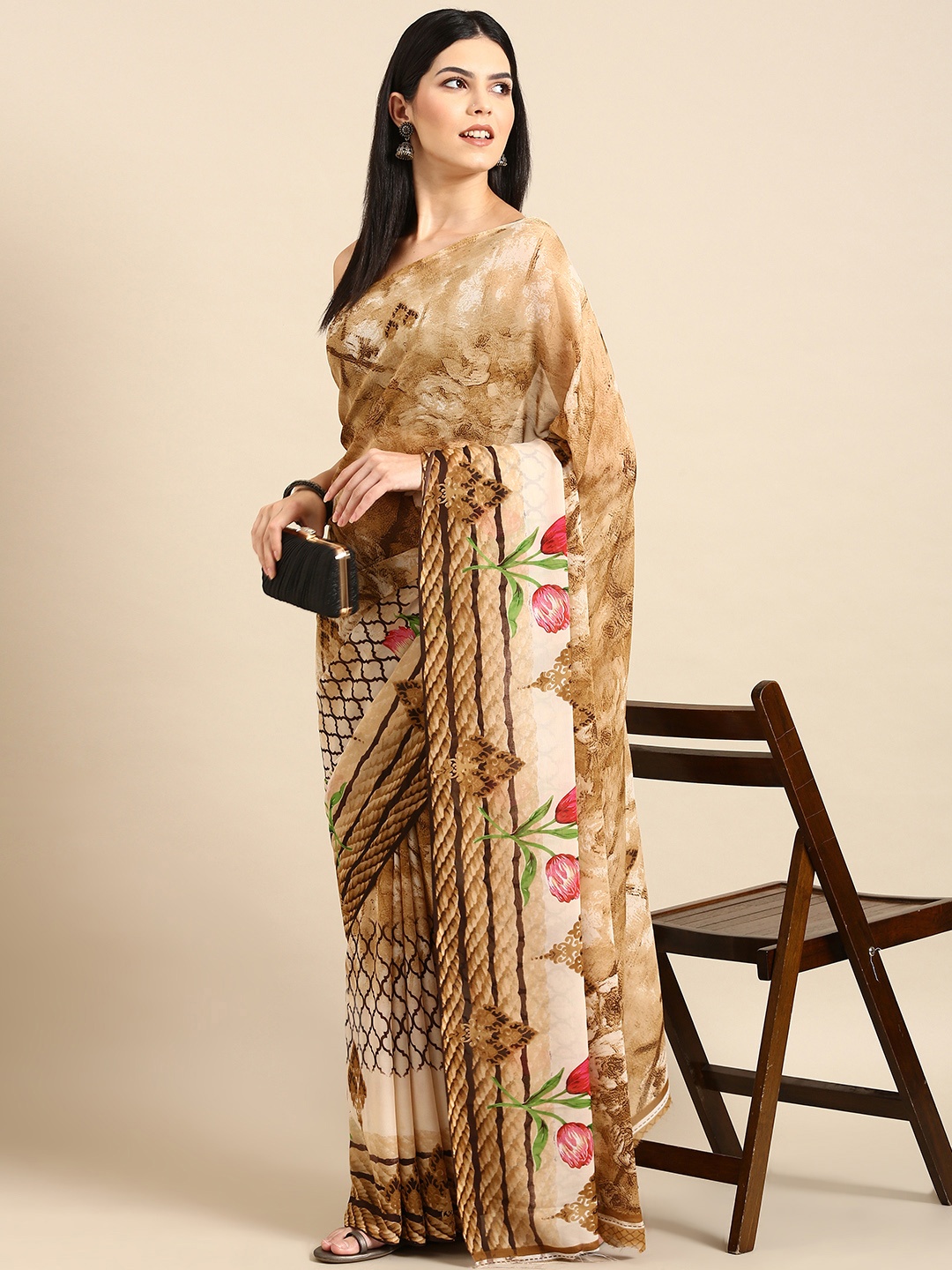 

HERE&NOW Floral Printed Pure Georgette Saree, Brown