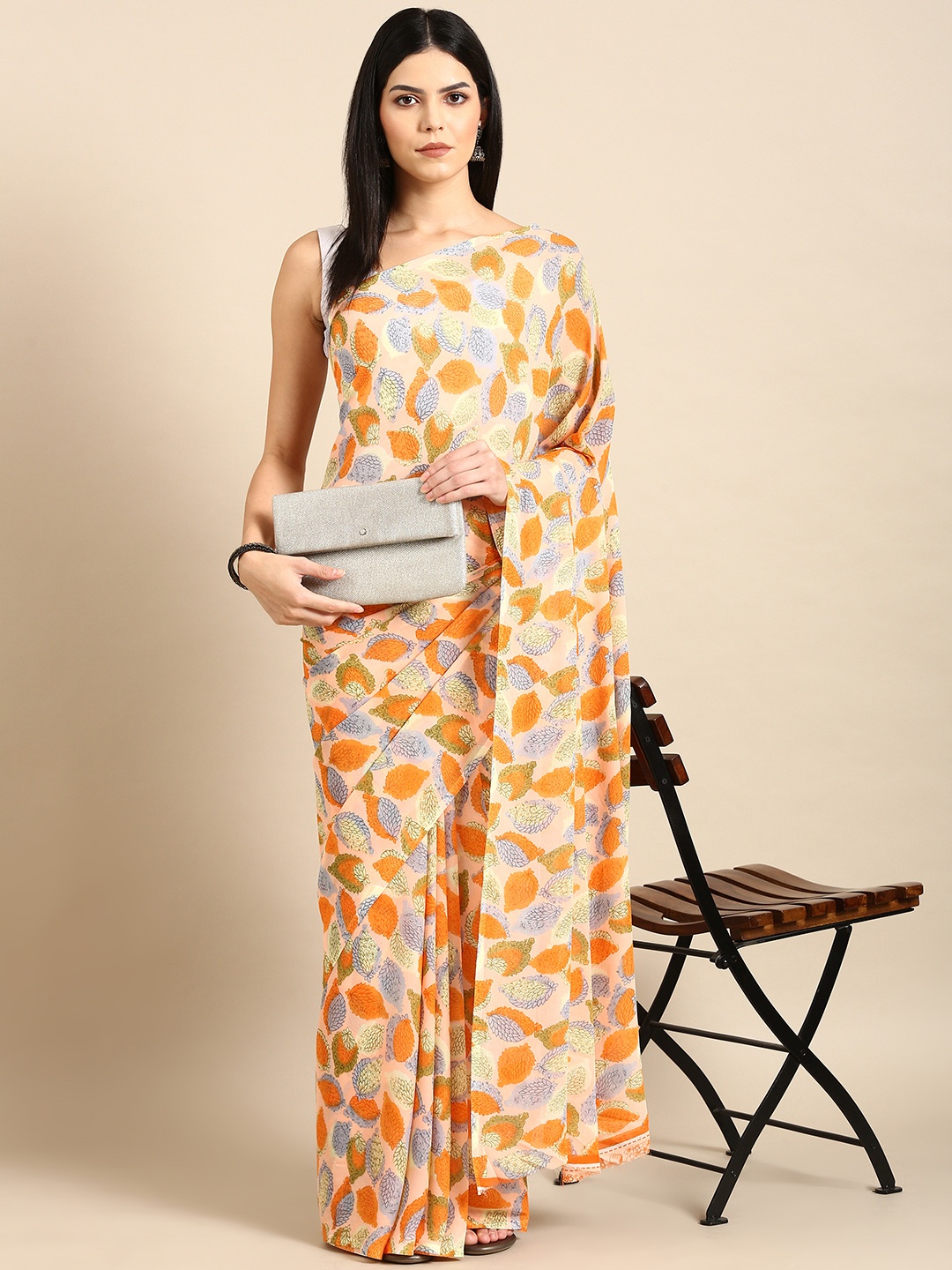 

HERE&NOW Floral Printed Pure Georgette Saree, Orange