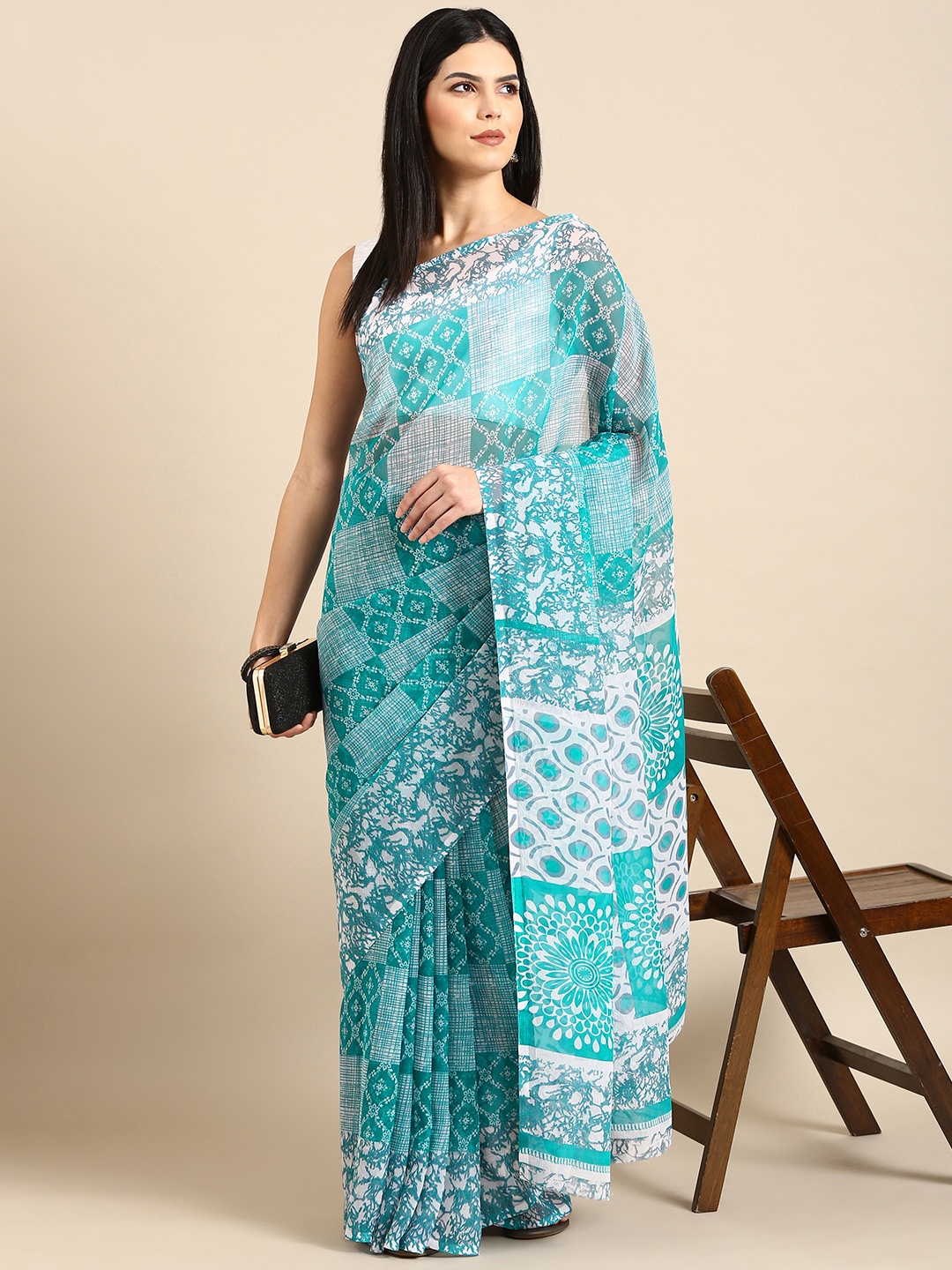 

HERE&NOW Ethnic Motifs Printed Pure Chiffon Saree, Blue