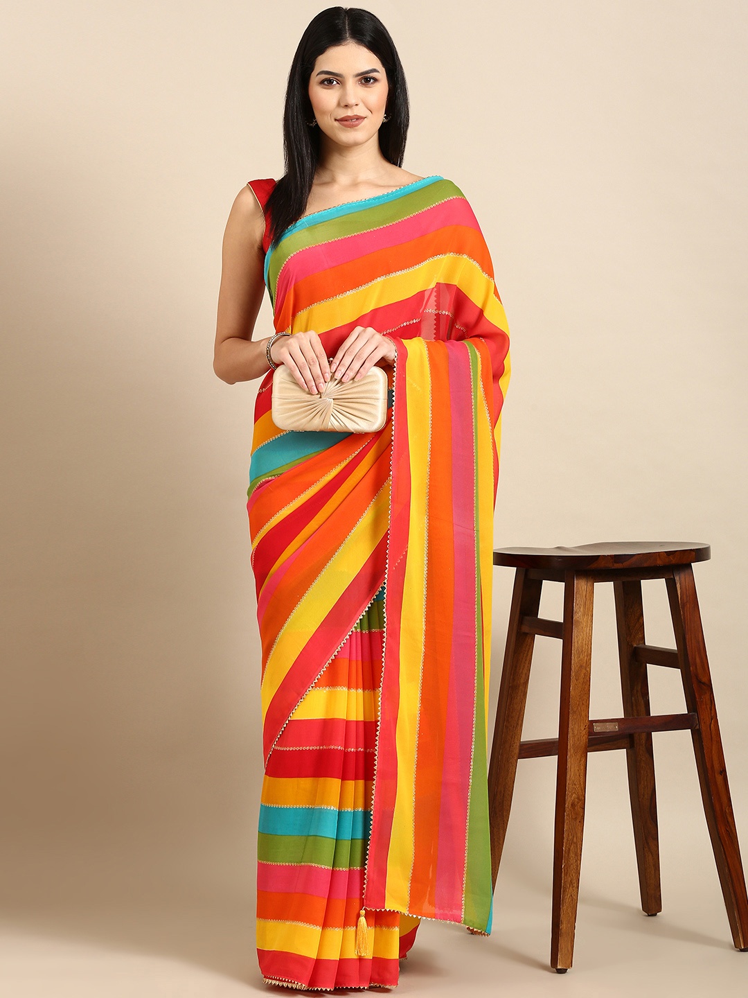 

HERE&NOW Striped Gotta Patti Pure Georgette Saree, Multi