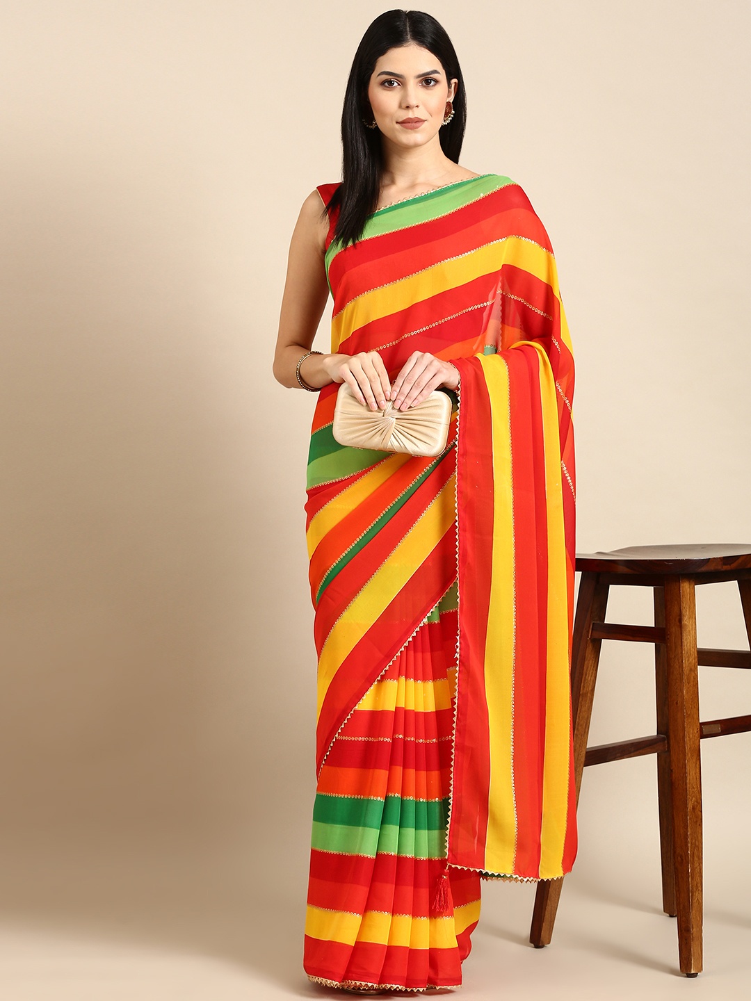 

HERE&NOW Striped Gotta Patti Pure Georgette Saree, Multi