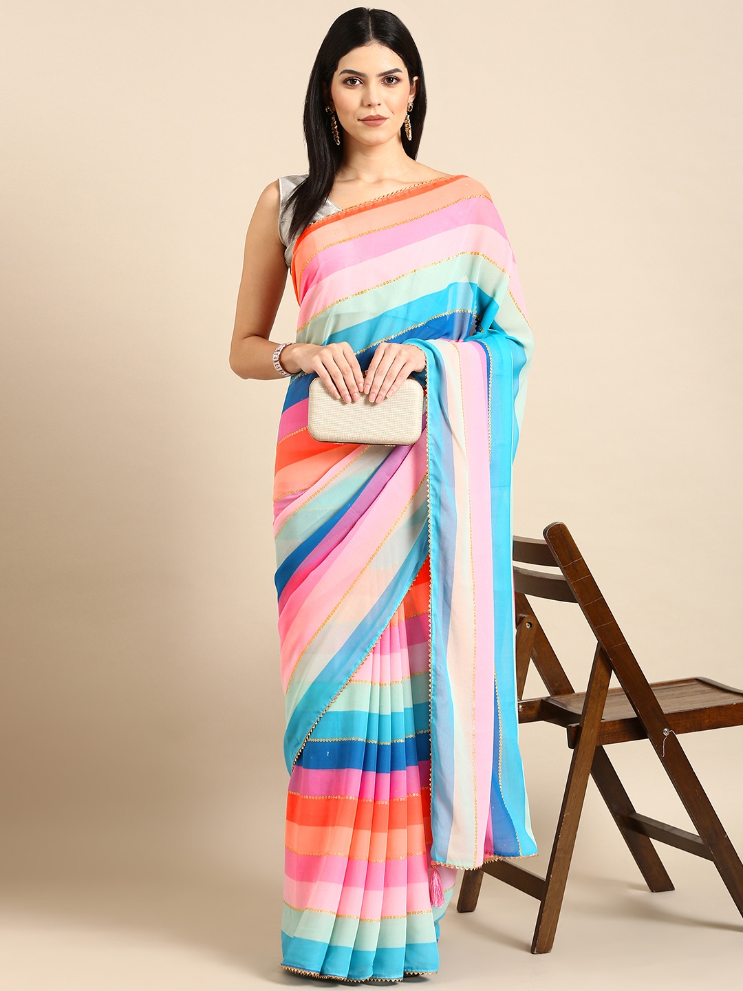 

HERE&NOW Striped Gotta Patti Pure Georgette Saree, Multi