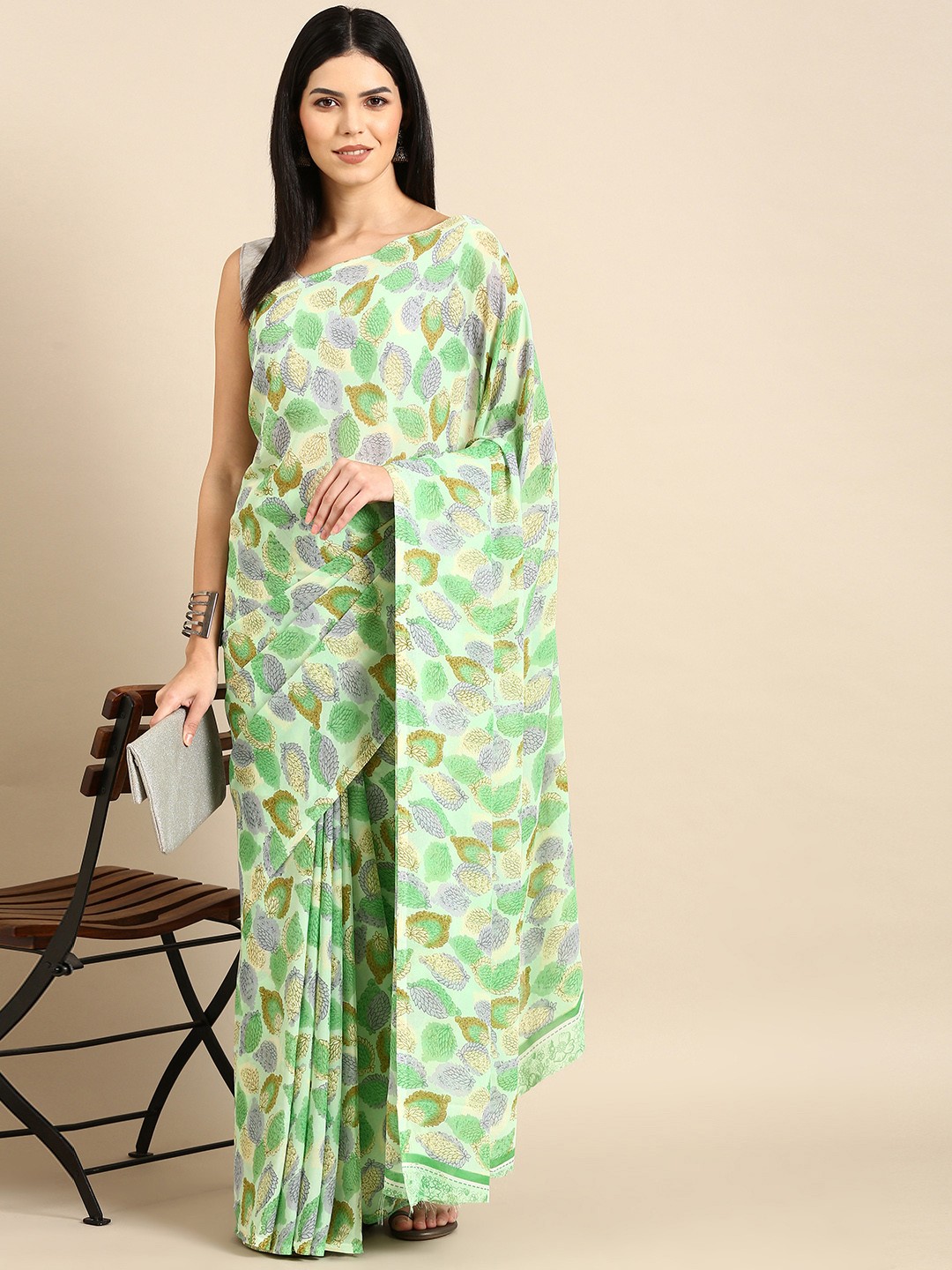 

HERE&NOW Floral Printed Pure Georgette Saree, Green