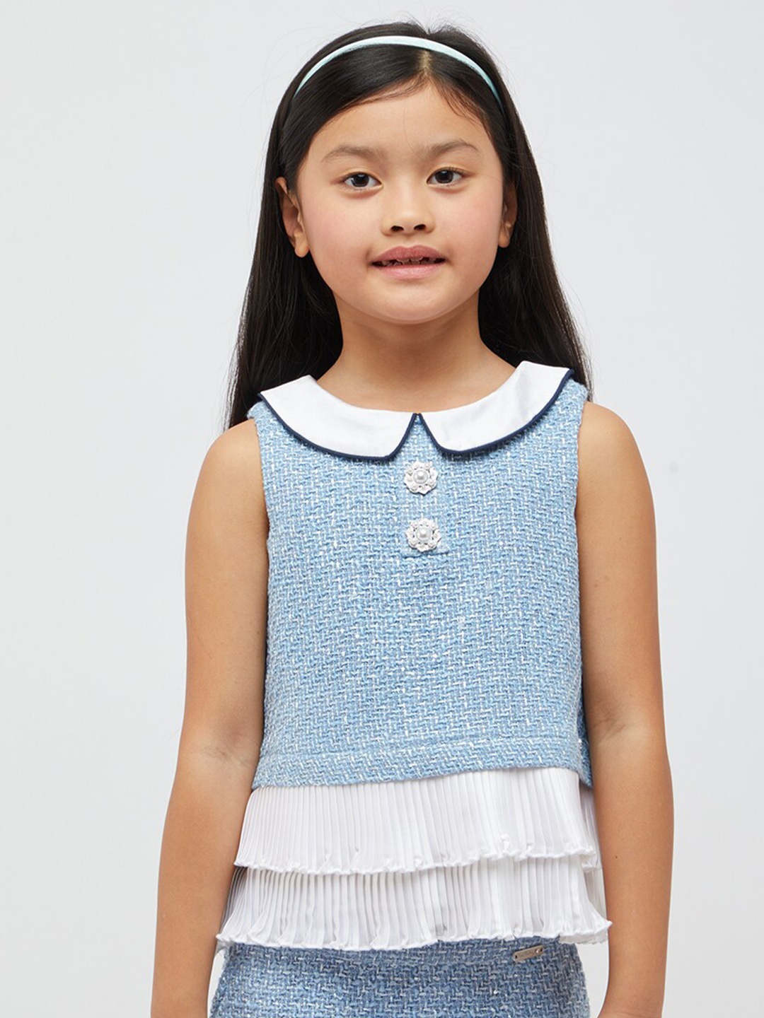 

One Friday Girls Self Design Peter Pan Collar Pleated Detail Top, Blue