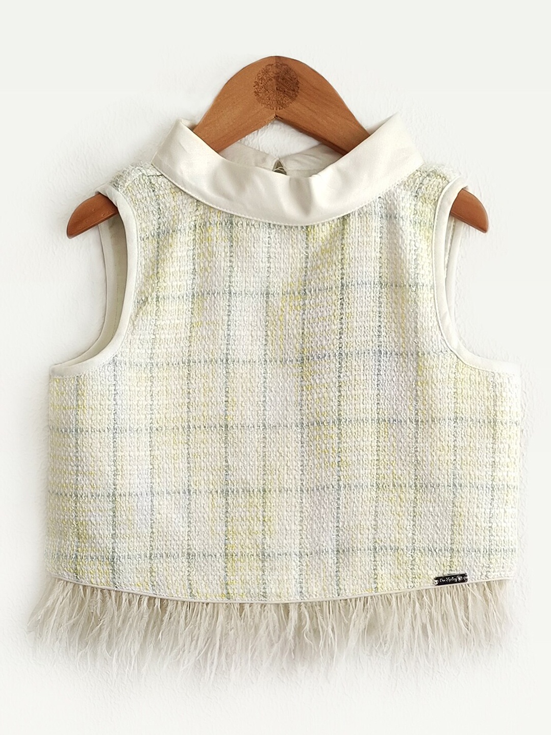 

One Friday Girls Checked Self Designed High Neck Boxy Crop Top, Lime green