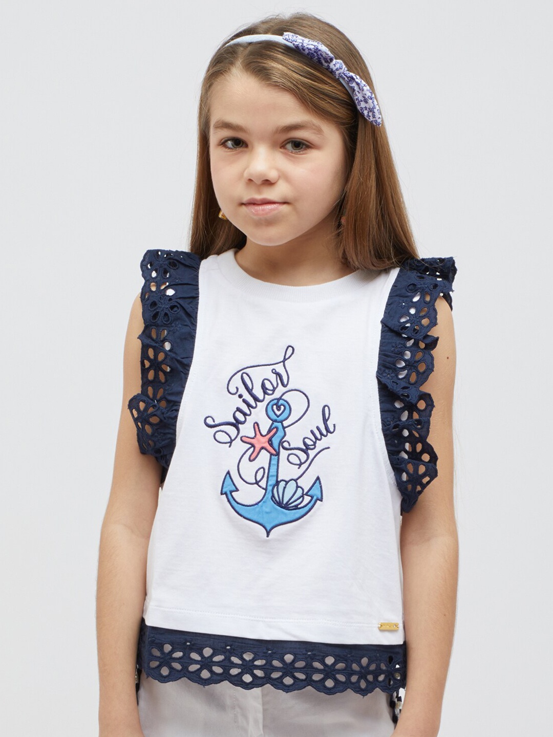 

One Friday Girls Graphic Printed Flutter Sleeves Cotton Top, White