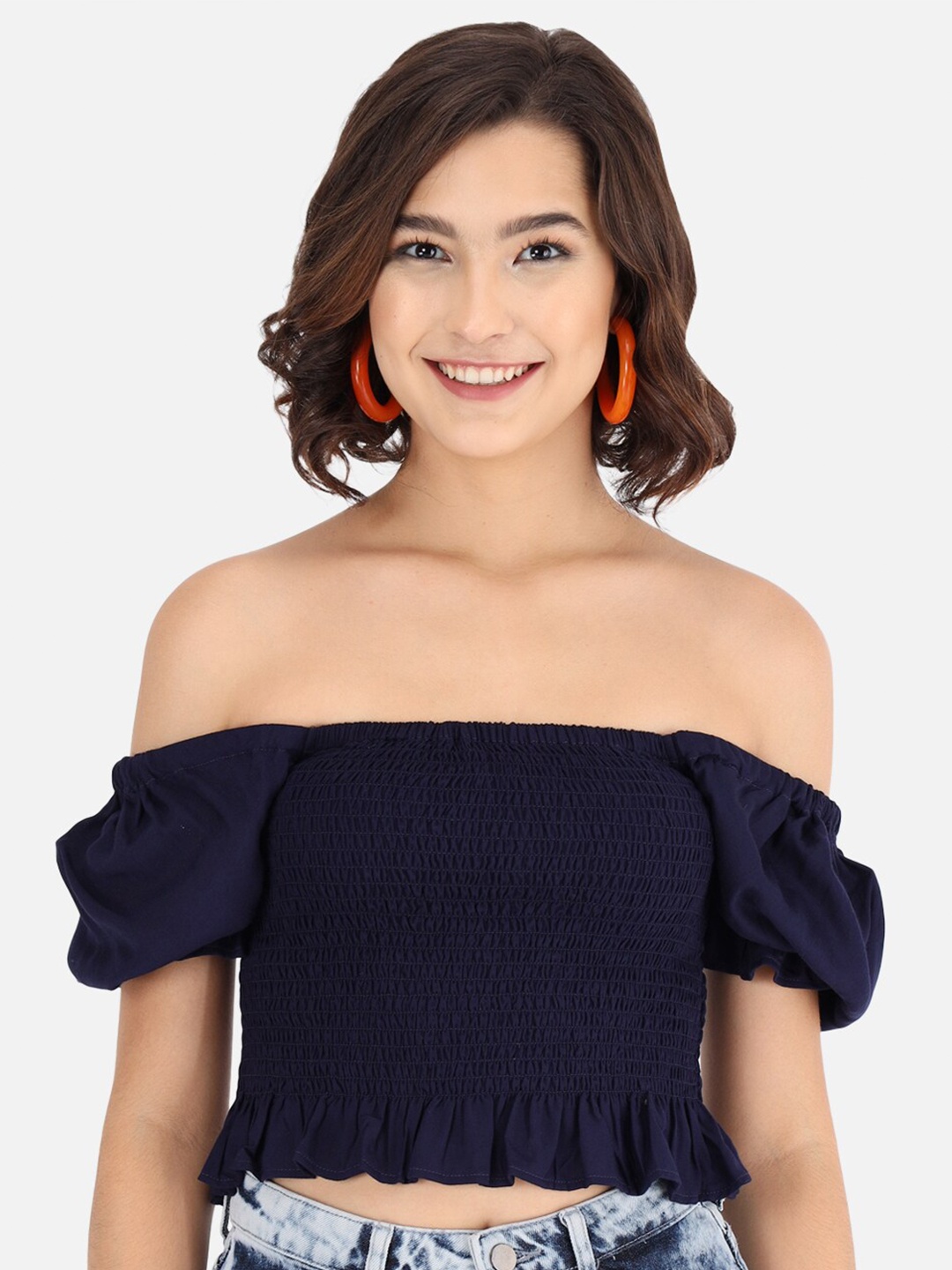 

Trend Arrest Blue Smocked Detailed Off-Shoulder Puff Sleeves Fitted Top