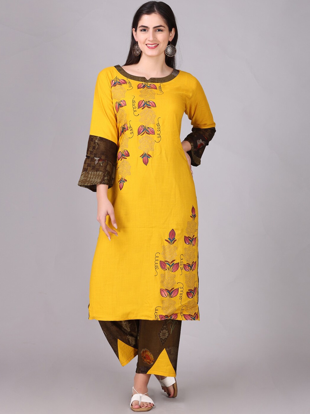 

Elthia Floral Printed Kurta With Palazzos, Mustard