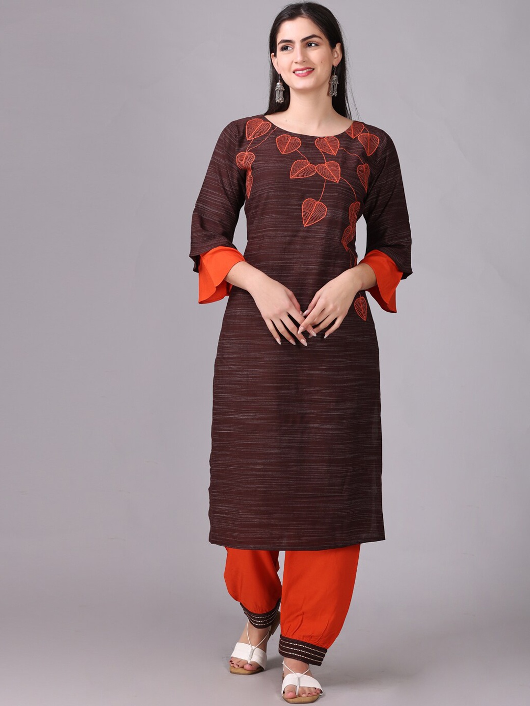 

Elthia Floral Printed Embroidered Bell Sleeves Kurta with Trousers, Brown