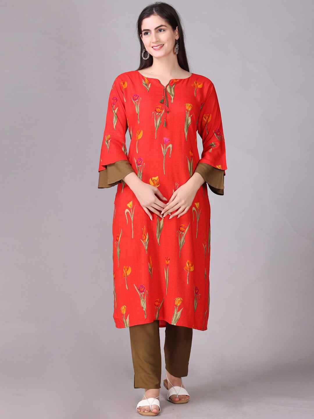 

Elthia Floral Printed Bell Sleeves Kurta With Trousers, Red