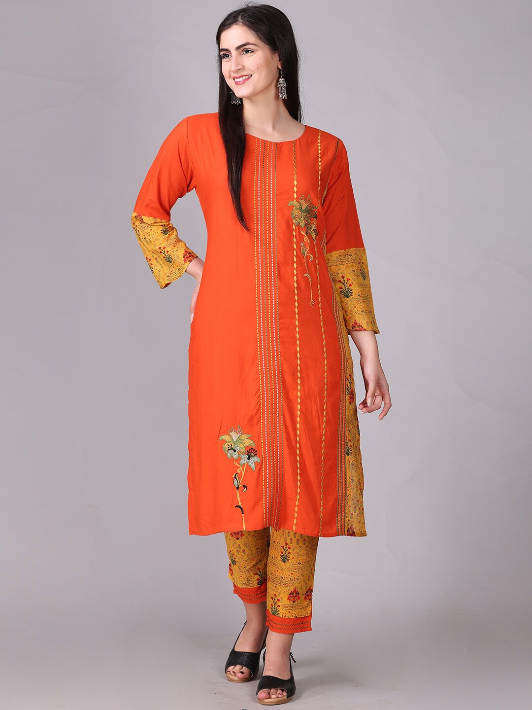 

Elthia Floral Printed Round Neck Straight Kurta with Trousers, Orange