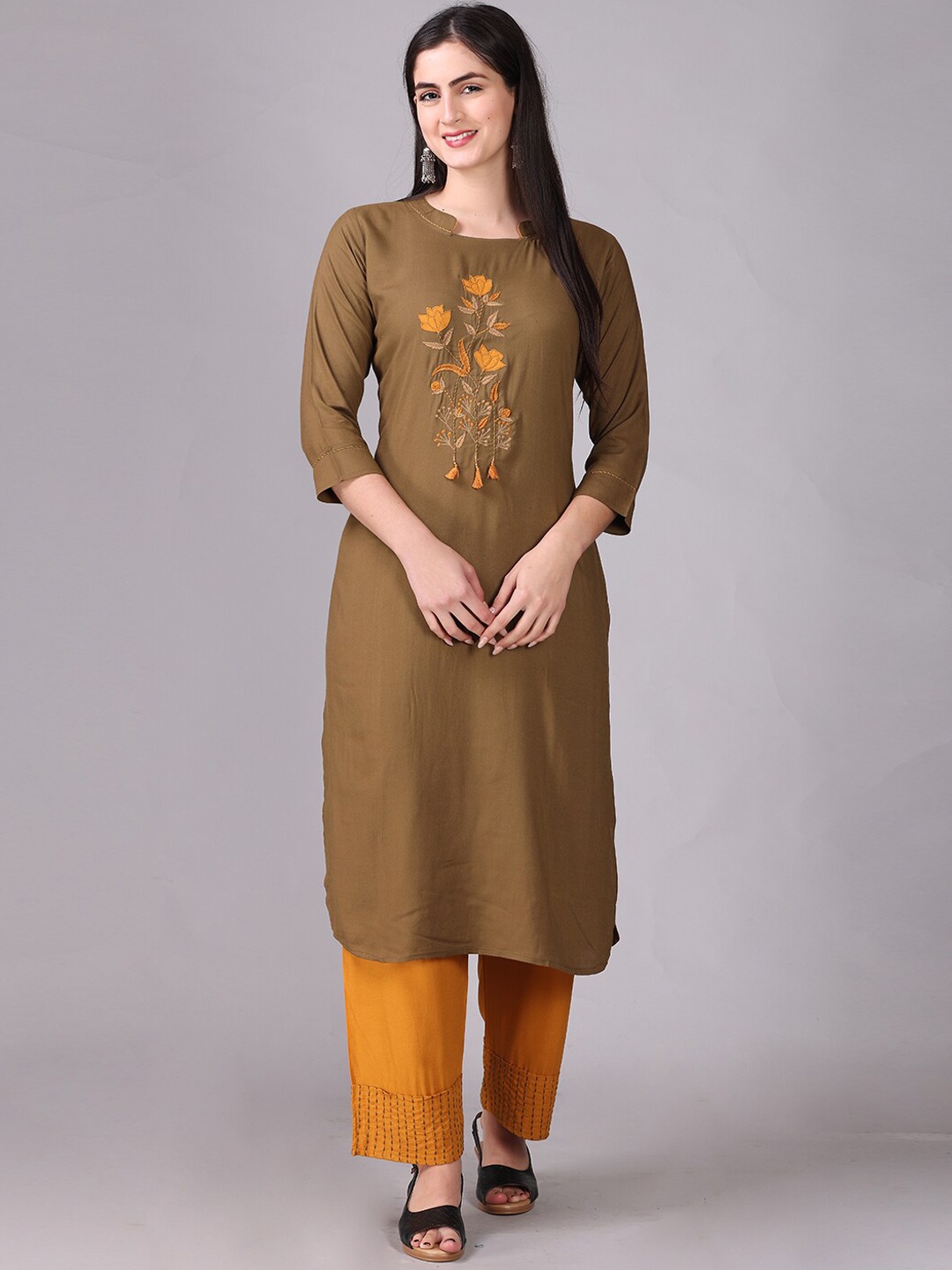 

Elthia Round Neck Floral yoke Design Thread Work Straight Kurta with Palazzos, Olive