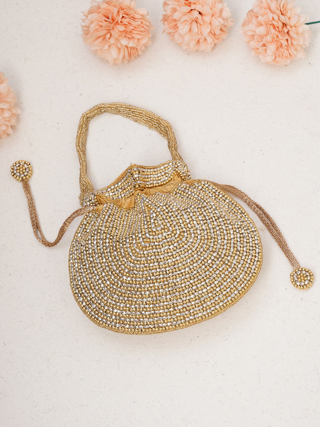 

FABBHUE Embellished Cotton Potli Clutch, Gold
