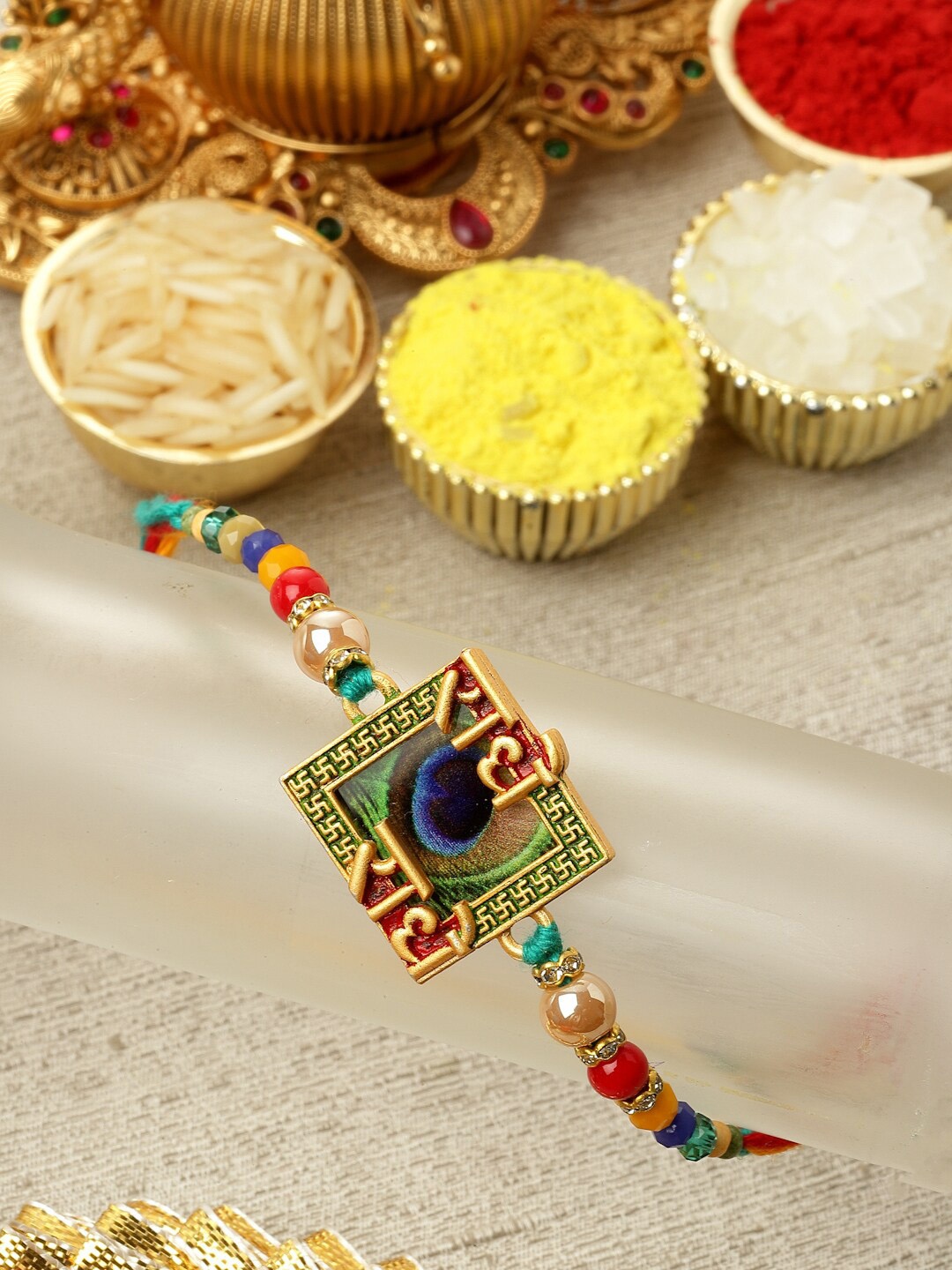 

ZENEME Artificial Stones & Beads-Studded Tie-Up Rakhi with Roli Chawal & Greeting Card, Multi