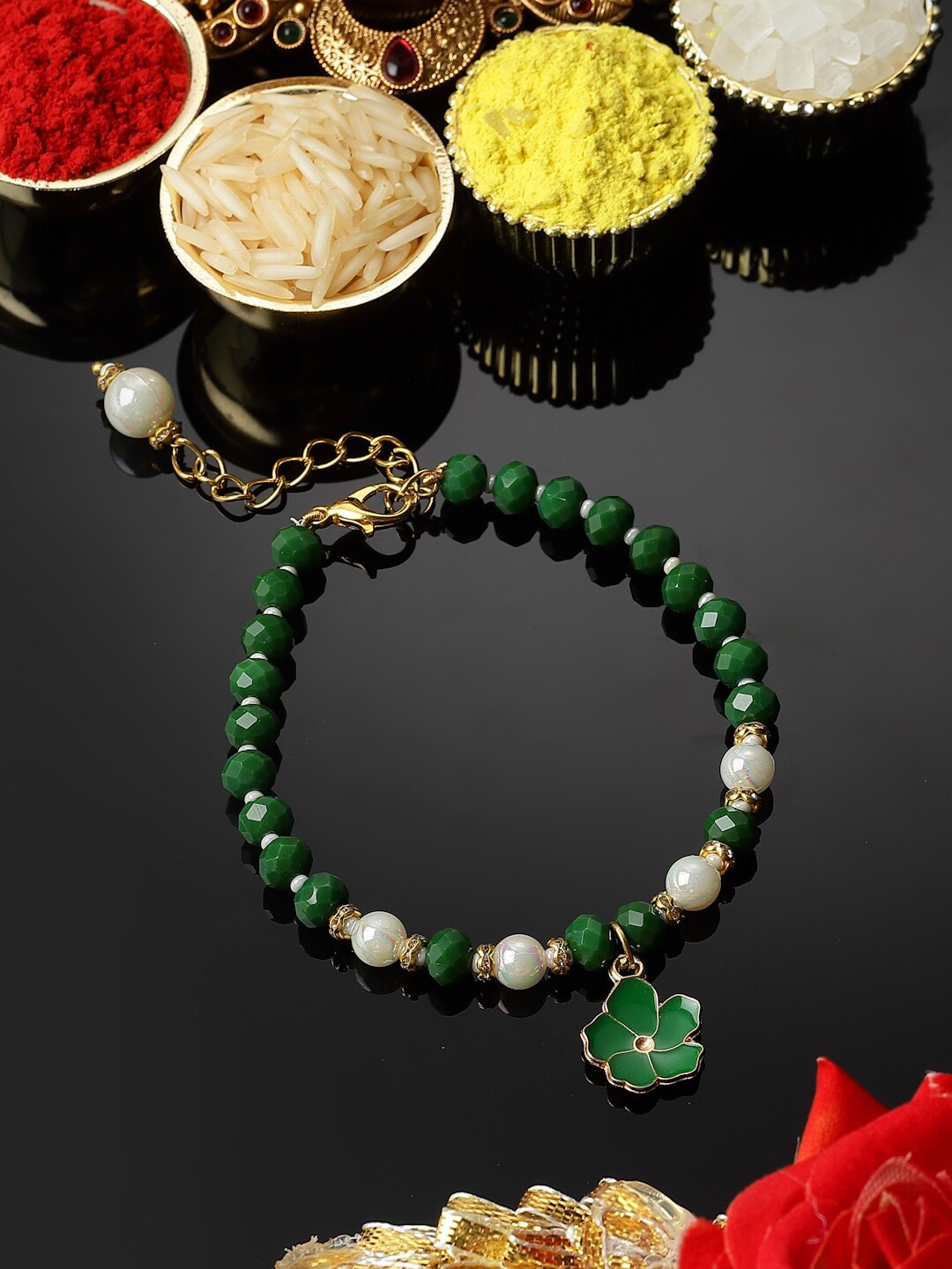 

ZENEME Enamelled Stone Studded Lumba Rakhi, Green
