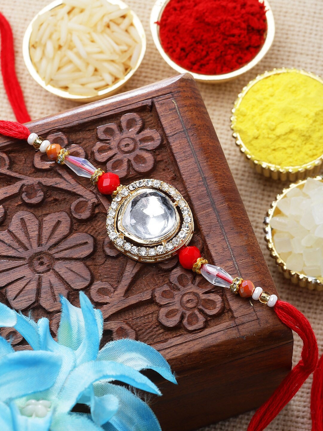 

ZENEME Men Round Shape Kundan & Beads Studded Rakhi With Roli Chawal, Gold