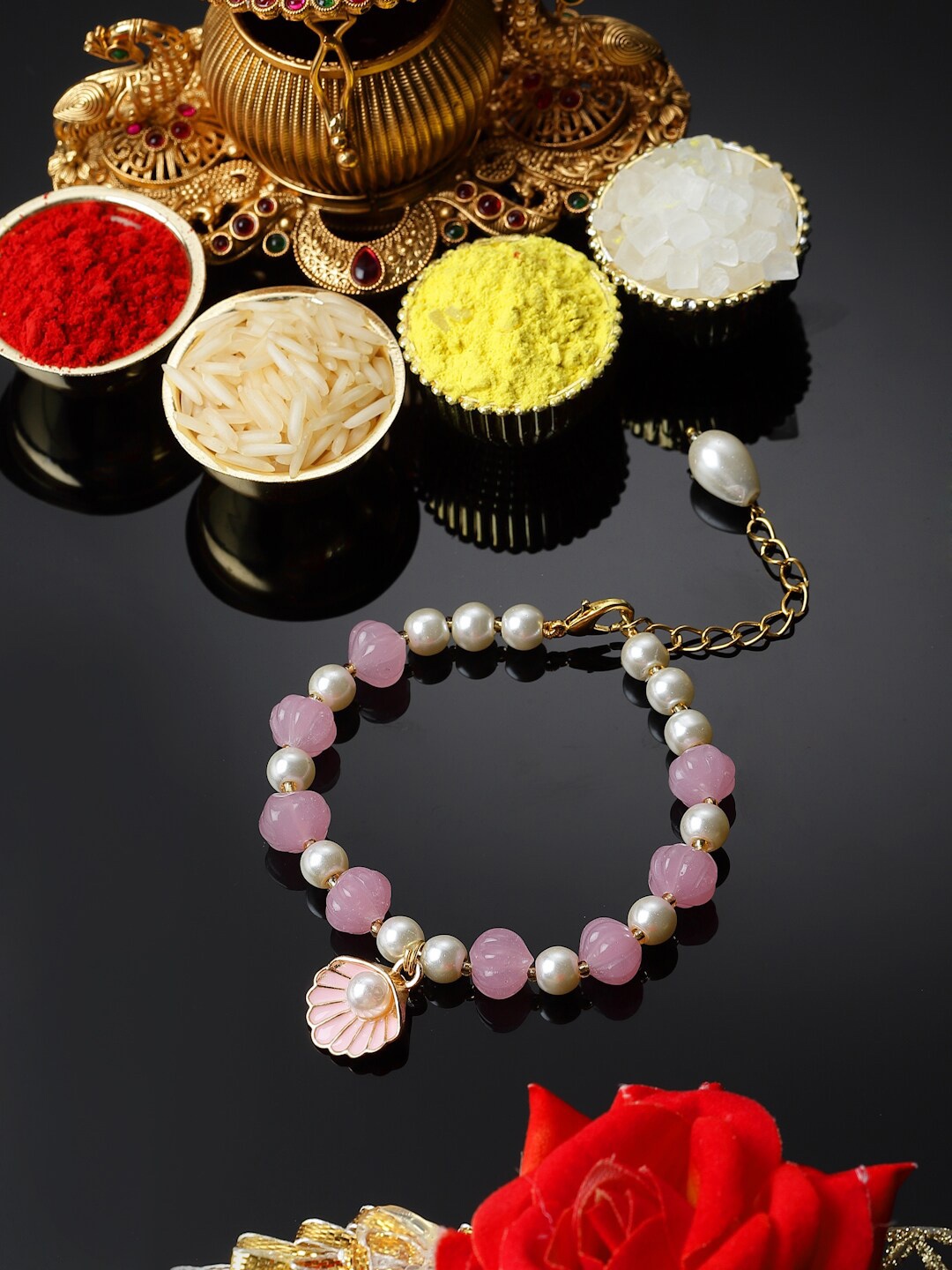 

ZENEME Enameled Beaded Charm Bracelet Rakhi, Peach