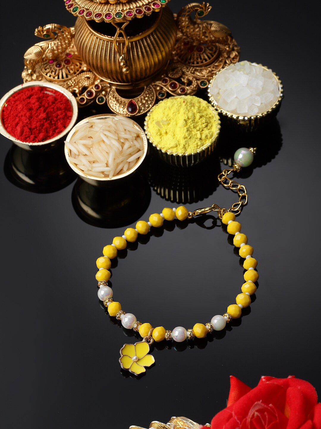 

ZENEME Enameled Floral Charm Bracelet Rakhi, Yellow