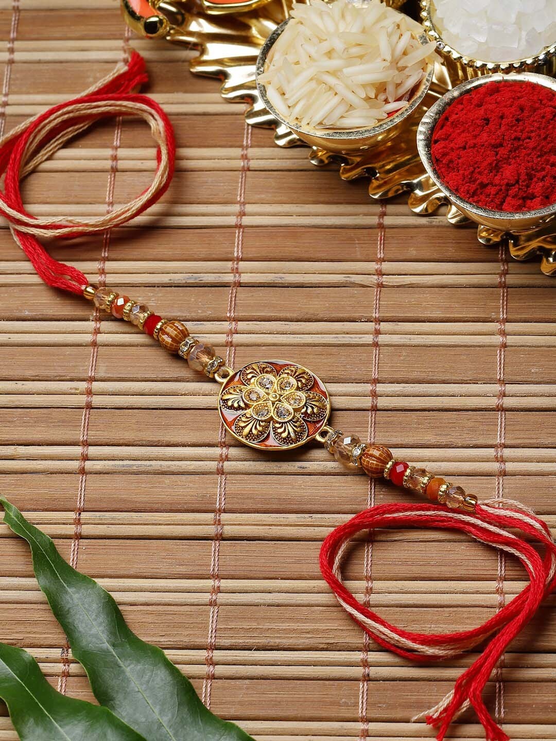 

ZENEME Men Stone Studded & Beaded Thread Rakhi, Gold