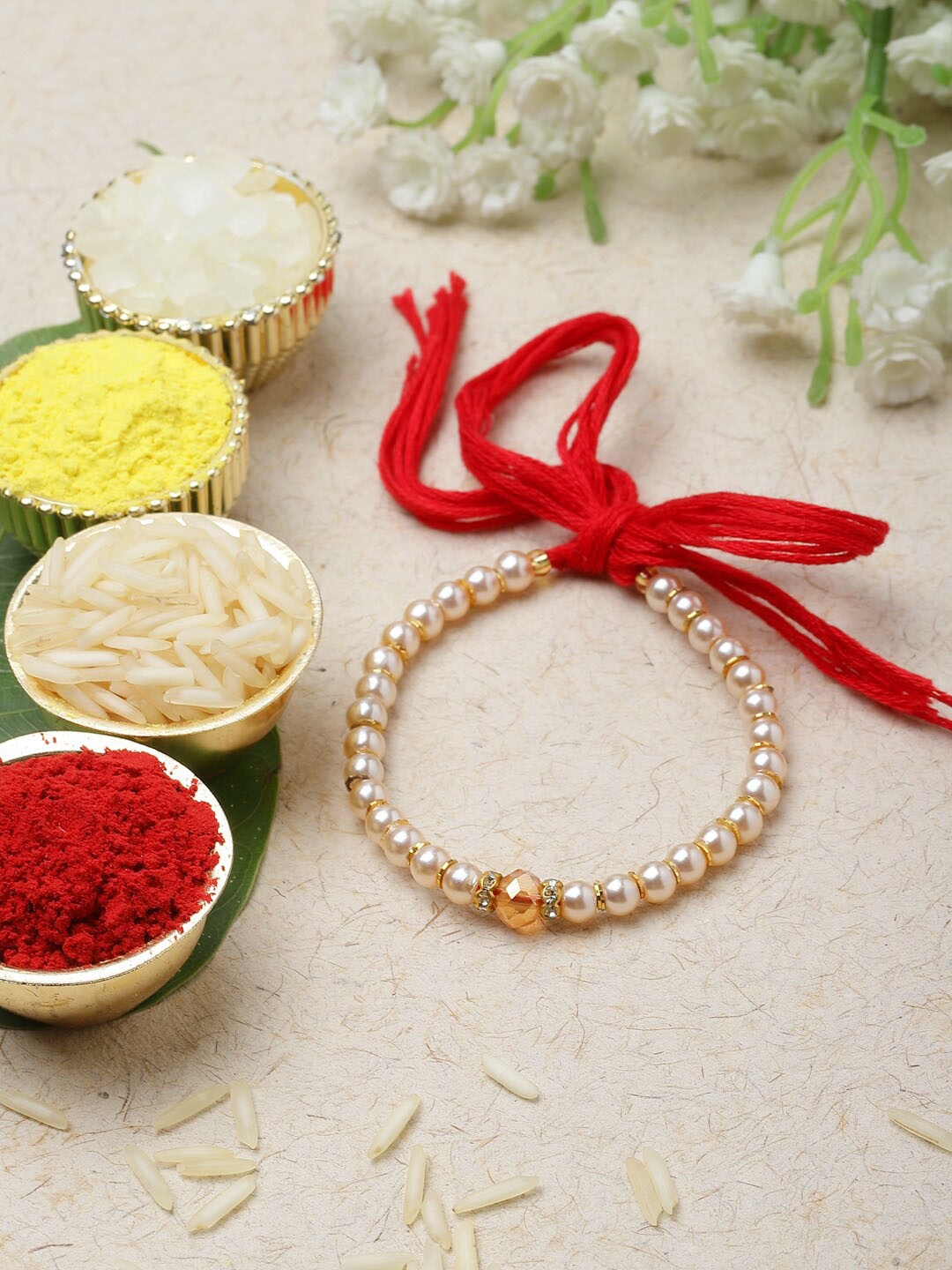 

ZENEME Beaded Mauli Thread Rakhi, Off white