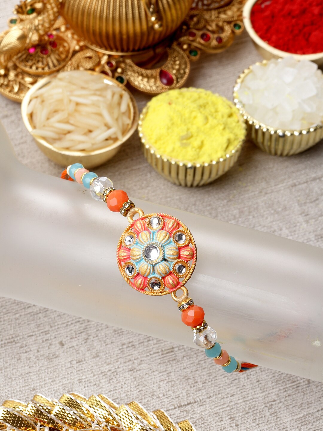 

ZENEME Men Stone Studded & Beaded Thread Rakhi, Gold