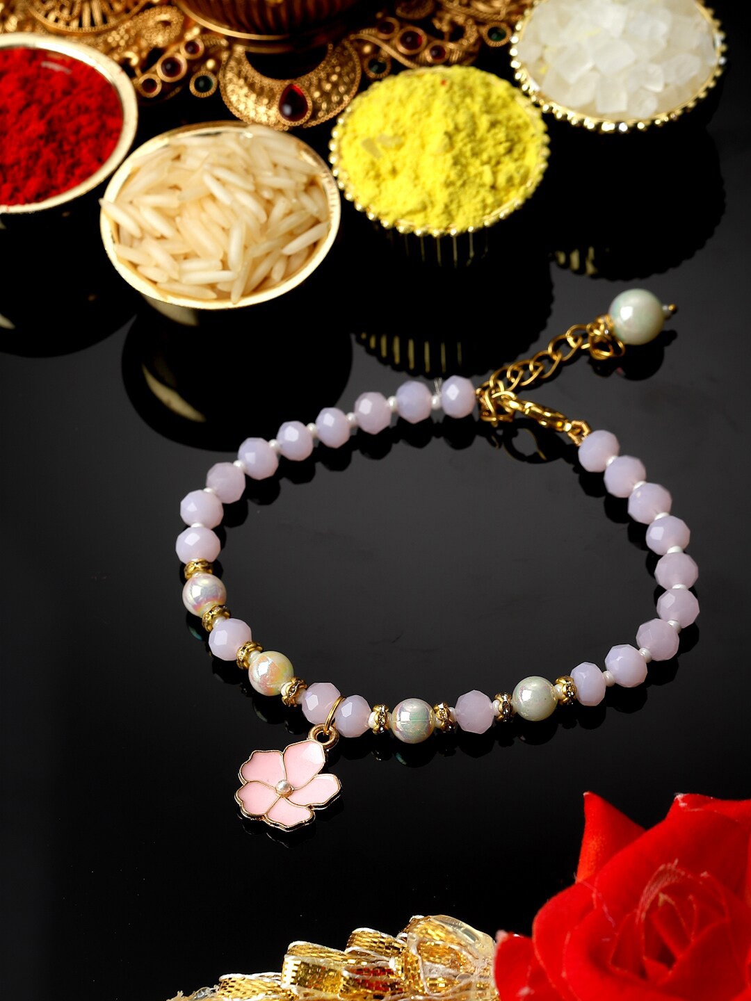 

ZENEME Pearl & Artificial Stones-Studded Wraparound Lumba Rakhi with Roli Chawal, Peach
