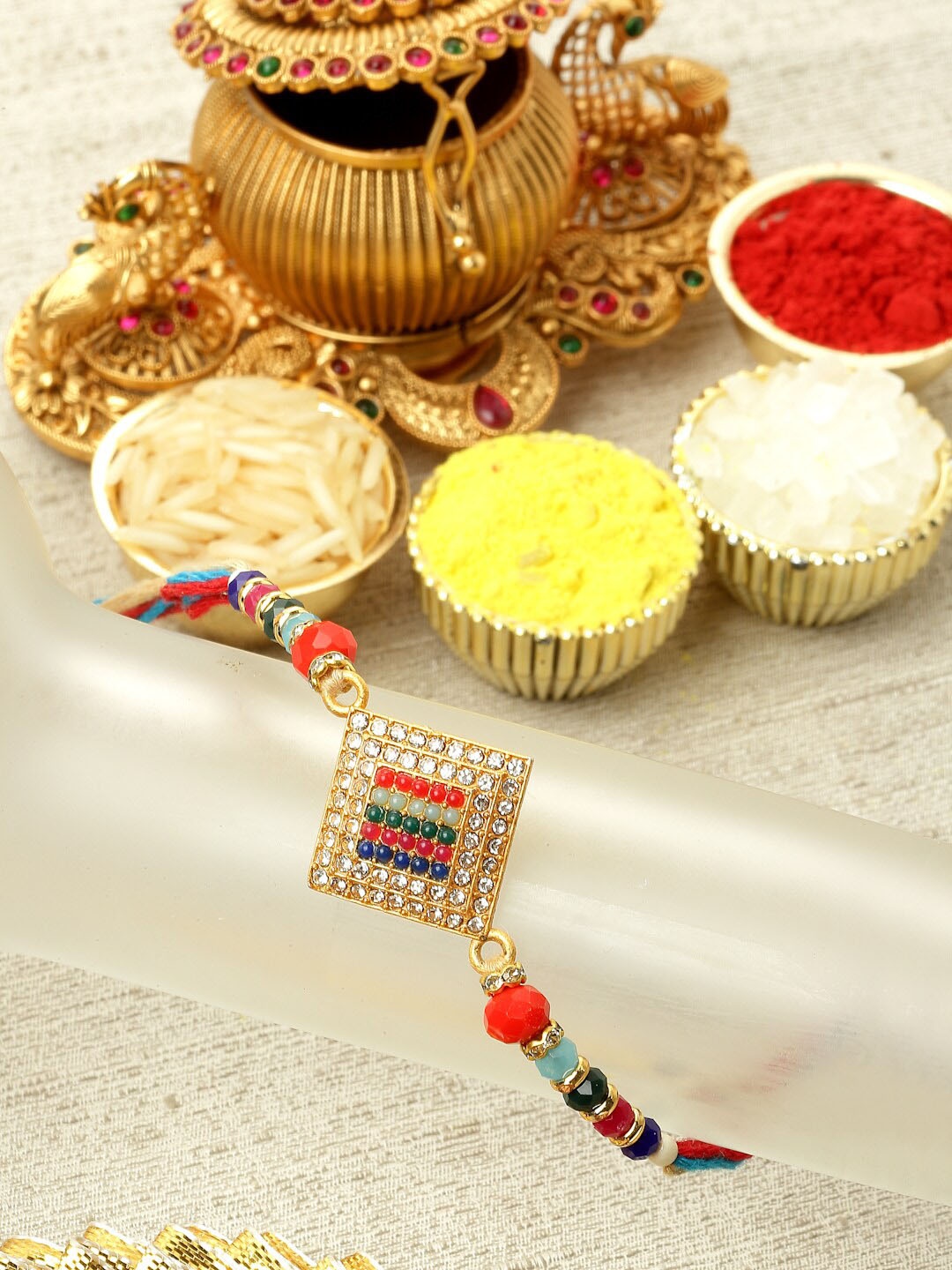 

ZENEME Stones & Beads Studded Rakhi With Roli Chawal, Red