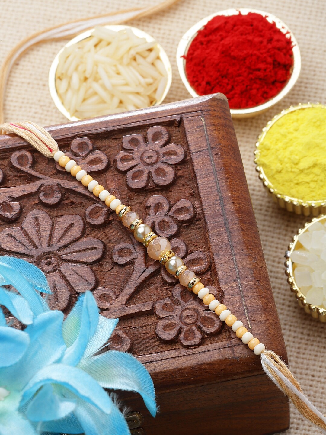 

ZENEME Artificial Stones & Beads-Studded Tie-Up Rakhi with Roli Chawal, Cream